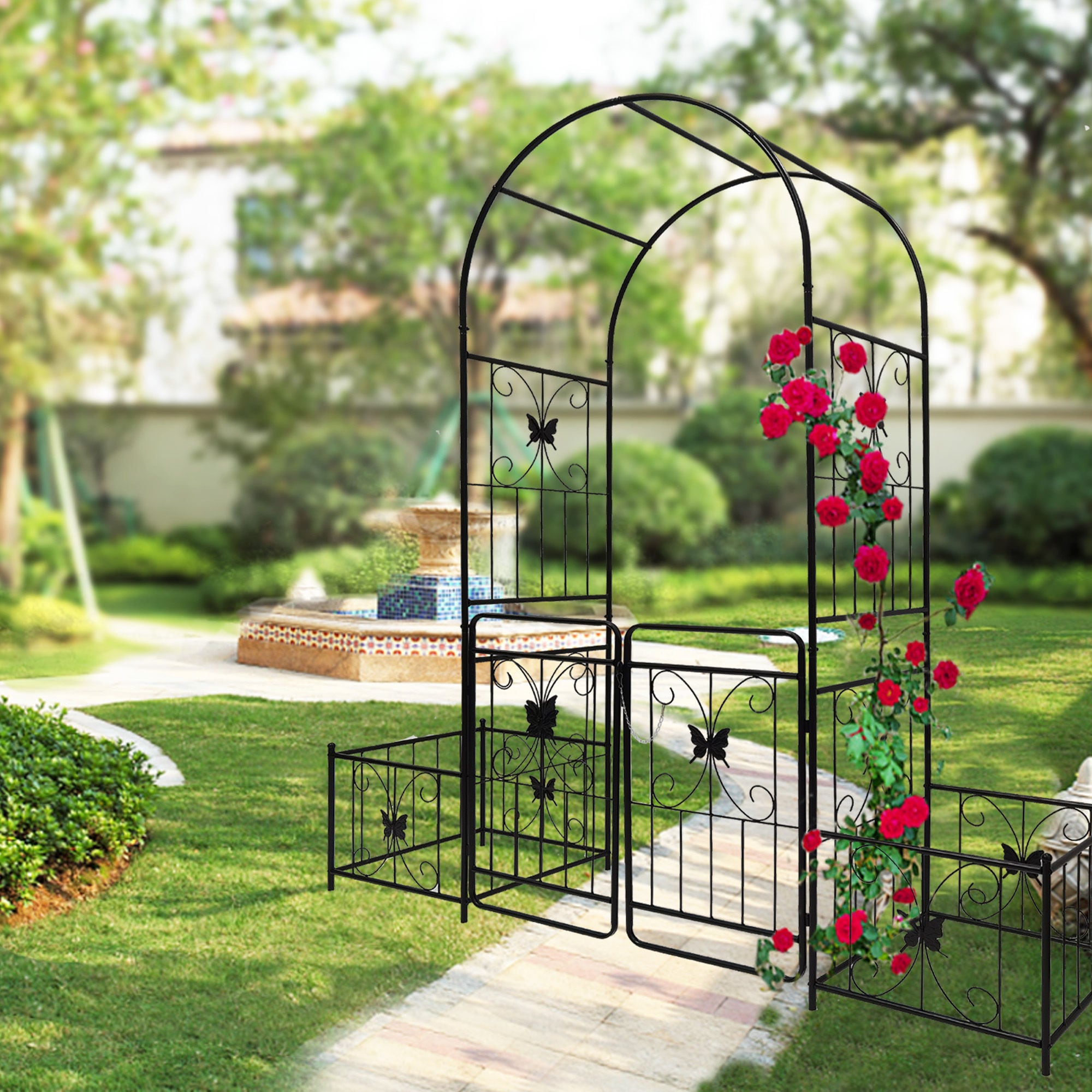Wooakway Metal Garden Arch Trellis with Gate 79.5 in W x 86.6 in H ...