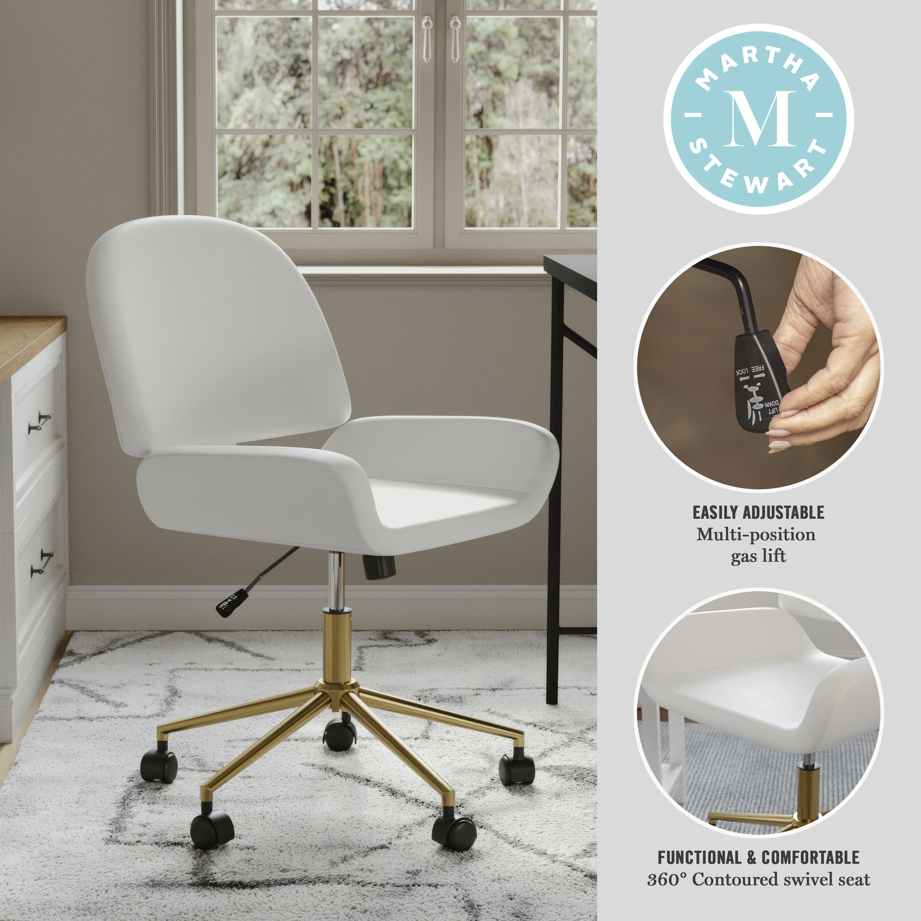 White Faux Leather Armless Swivel Office Chair with Brass Base