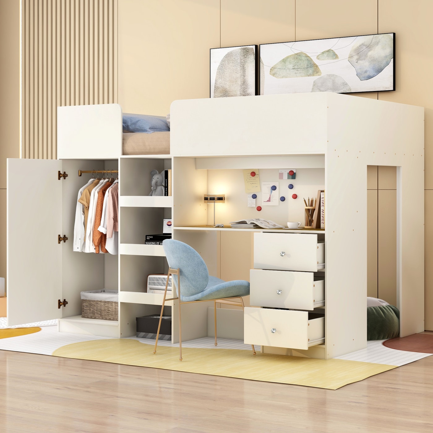 CHITA Full Size Modern Wood Loft Bed with 3 Storage Drawers Built In Wardrobe Built In Desk Ladder Guardrails No Box Spring Needed Beige