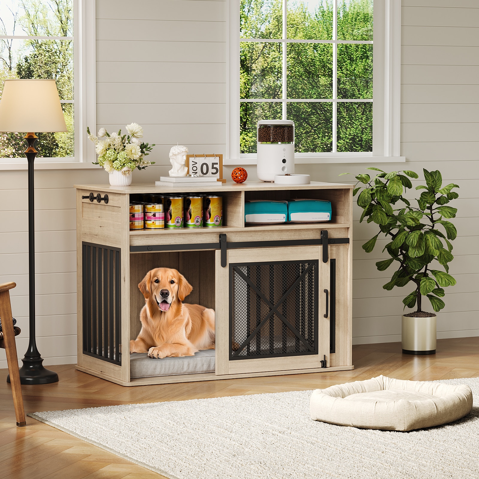 Garvee Heavy Duty Wooden Dog Crate Furniture with Sliding Barn Door and Storage Drawers Indoor Kennel End Table for Medium Large Dogs Gray