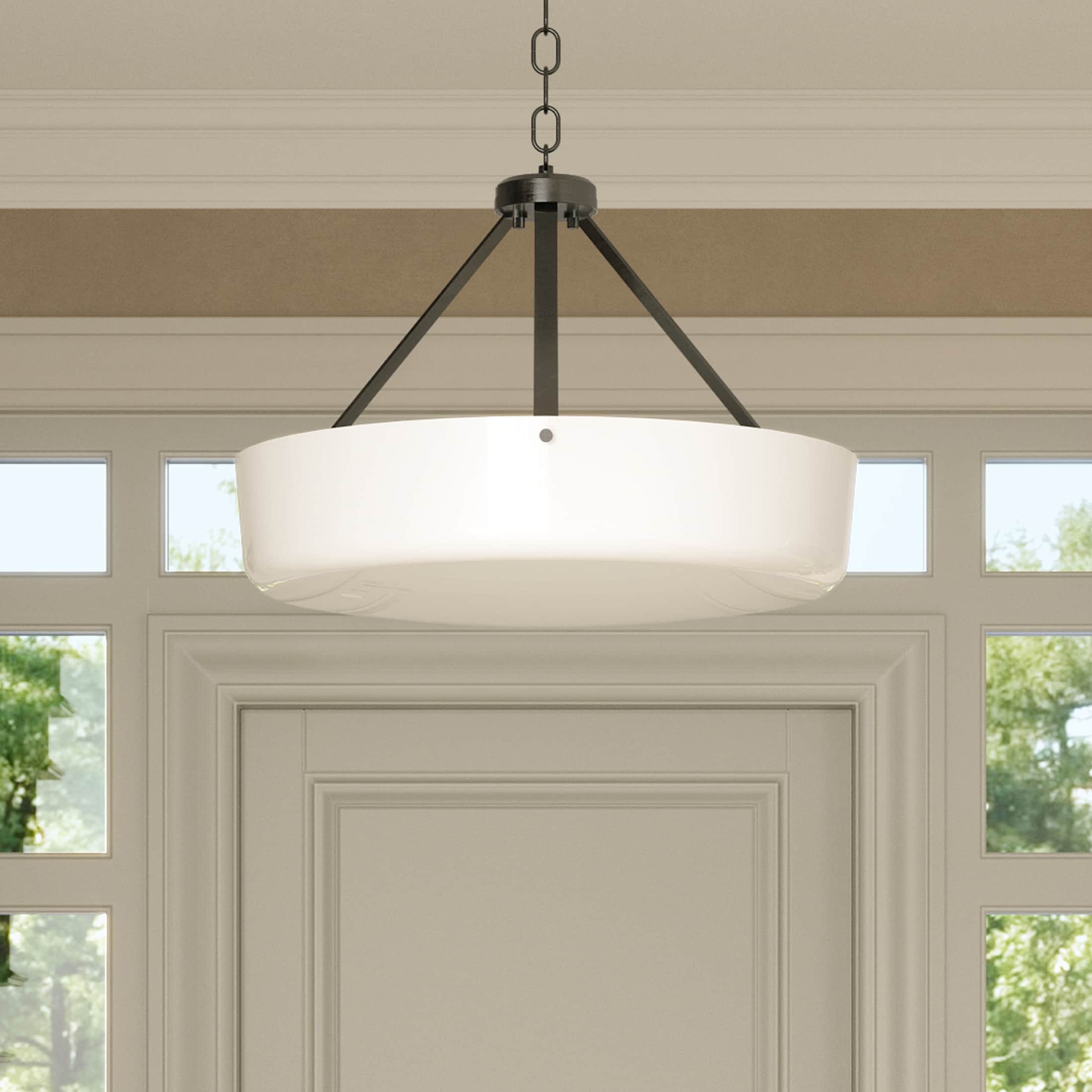 Progress Lighting Lieon 3 -Light Antique Bronze Transitional White glass Drum Medium Hanging Convertible pendant/Semi-flush Light