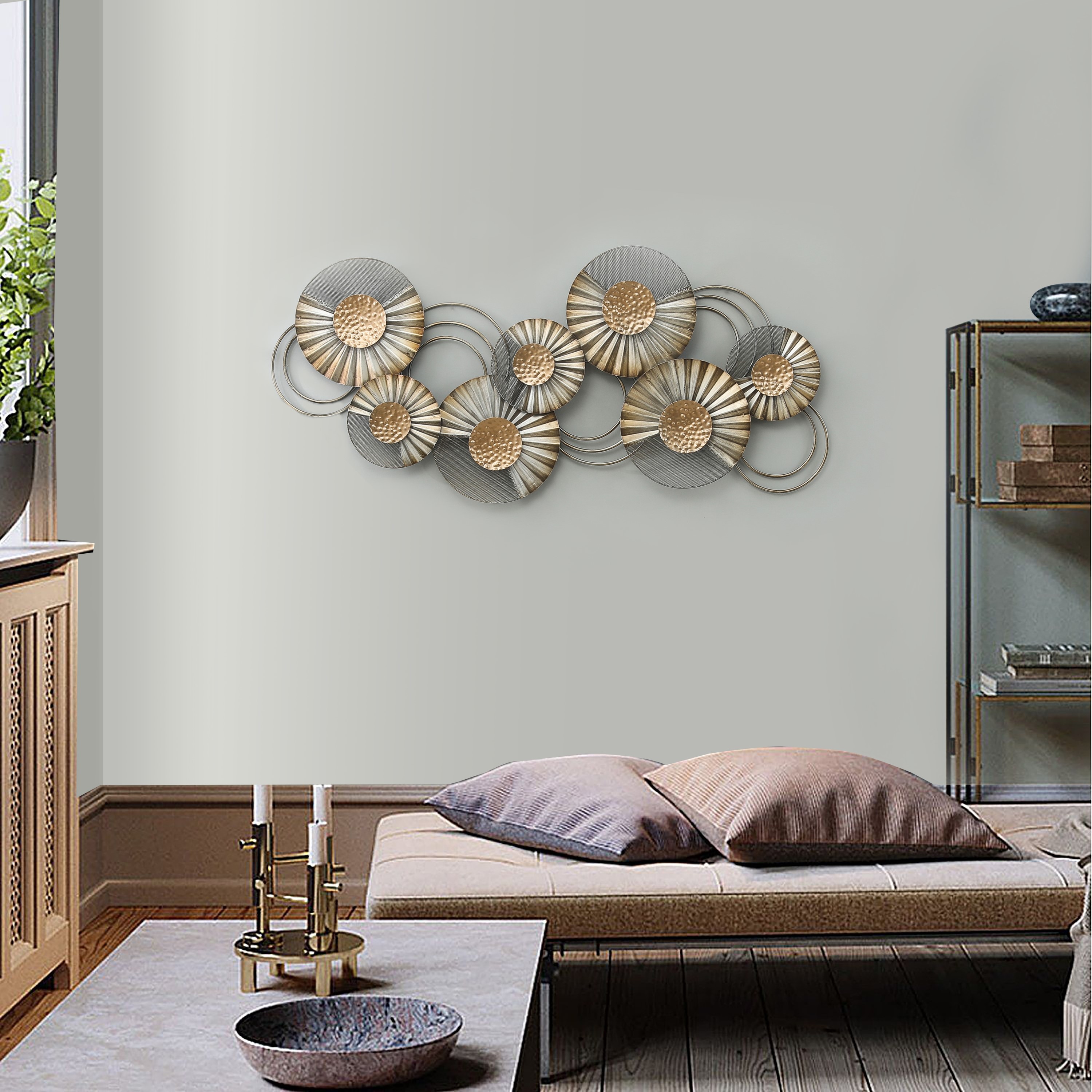 48.5" W Distressed Gray and Gold Metal Floral Wall Sculpture