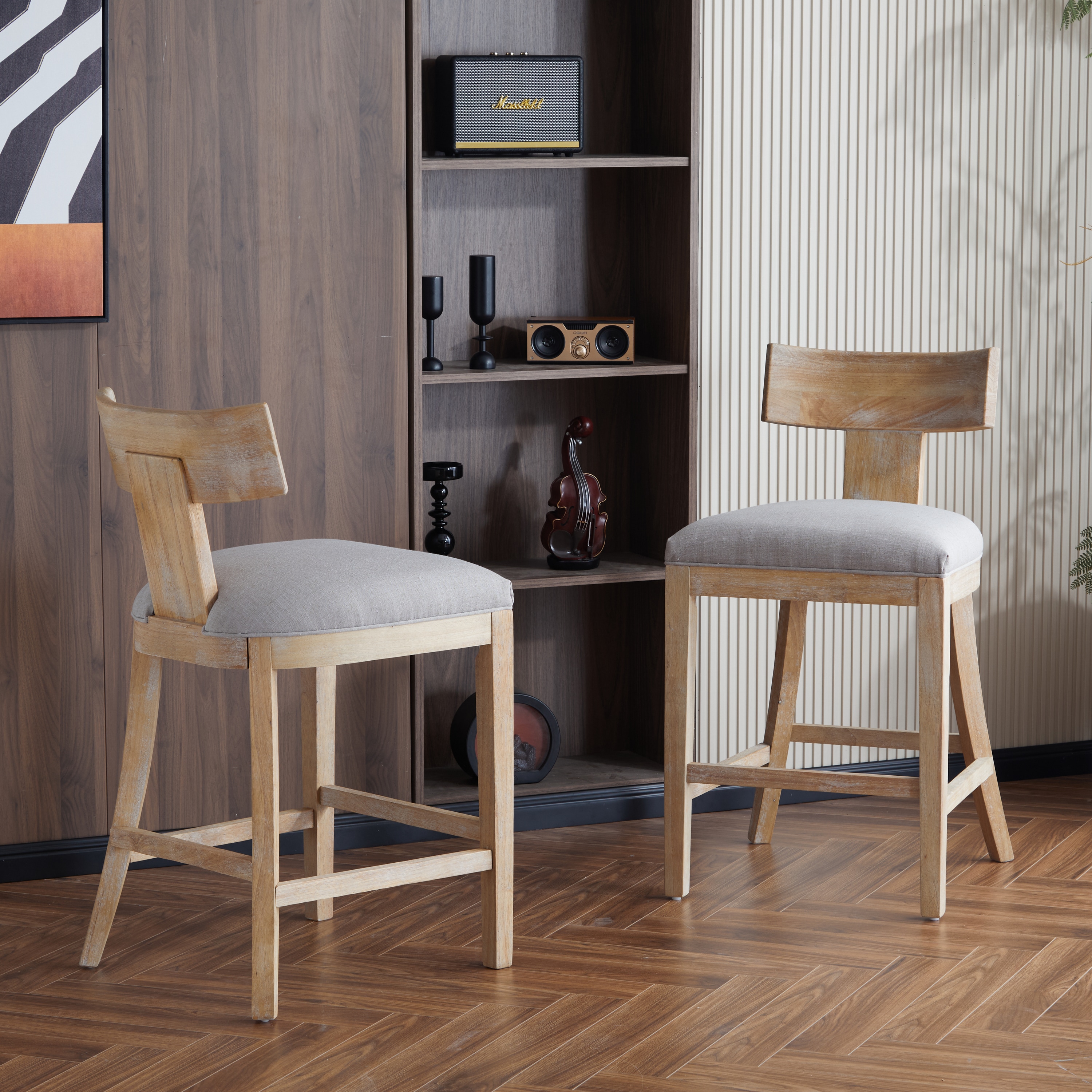 Christopher Knight Home - Set of 2 Rubber Wood Counter Stools with Curved Backrest and Fabric Sea...