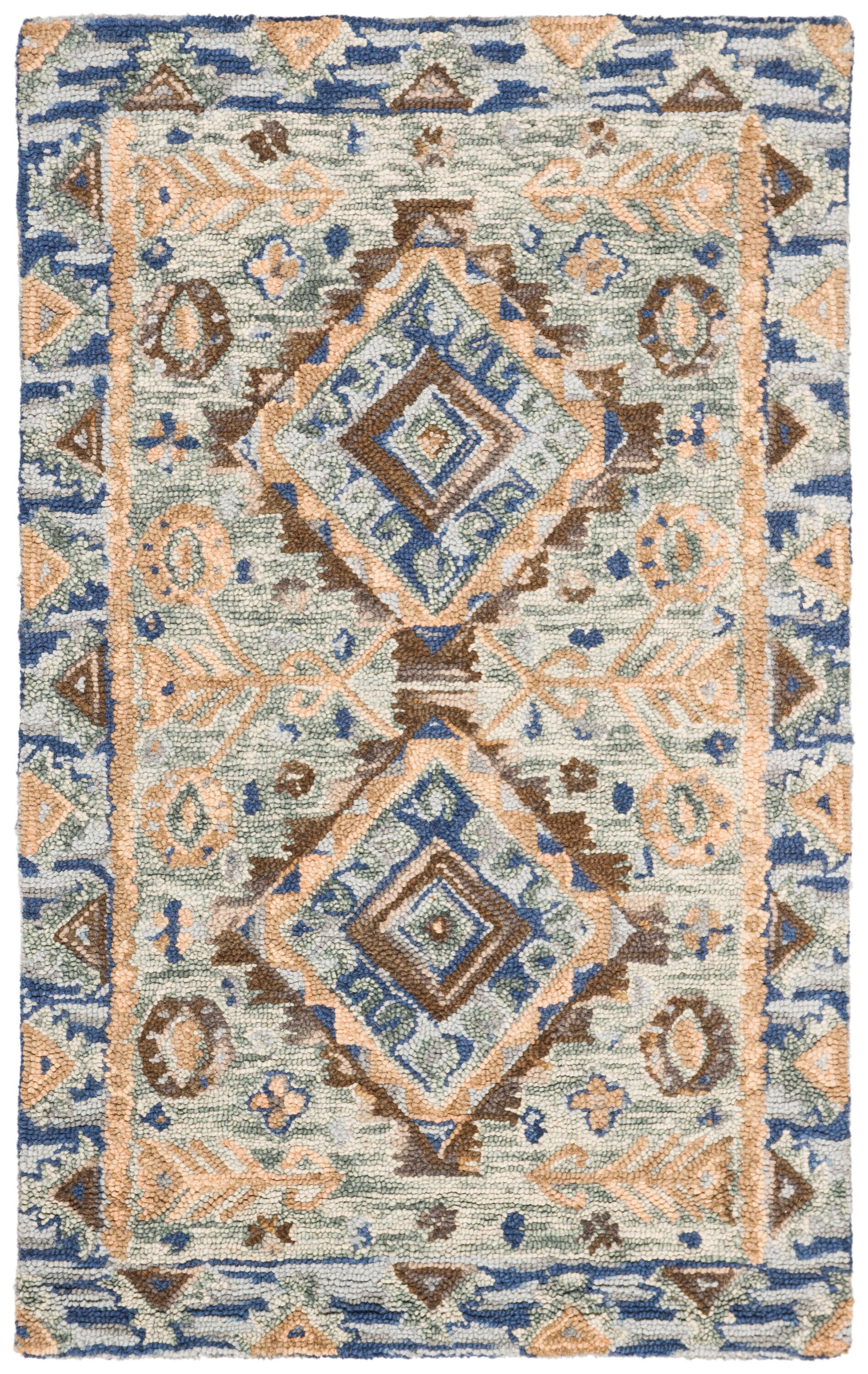 Boho Chic Blue and Beige Handmade Wool Area Rug - 3' x 5'
