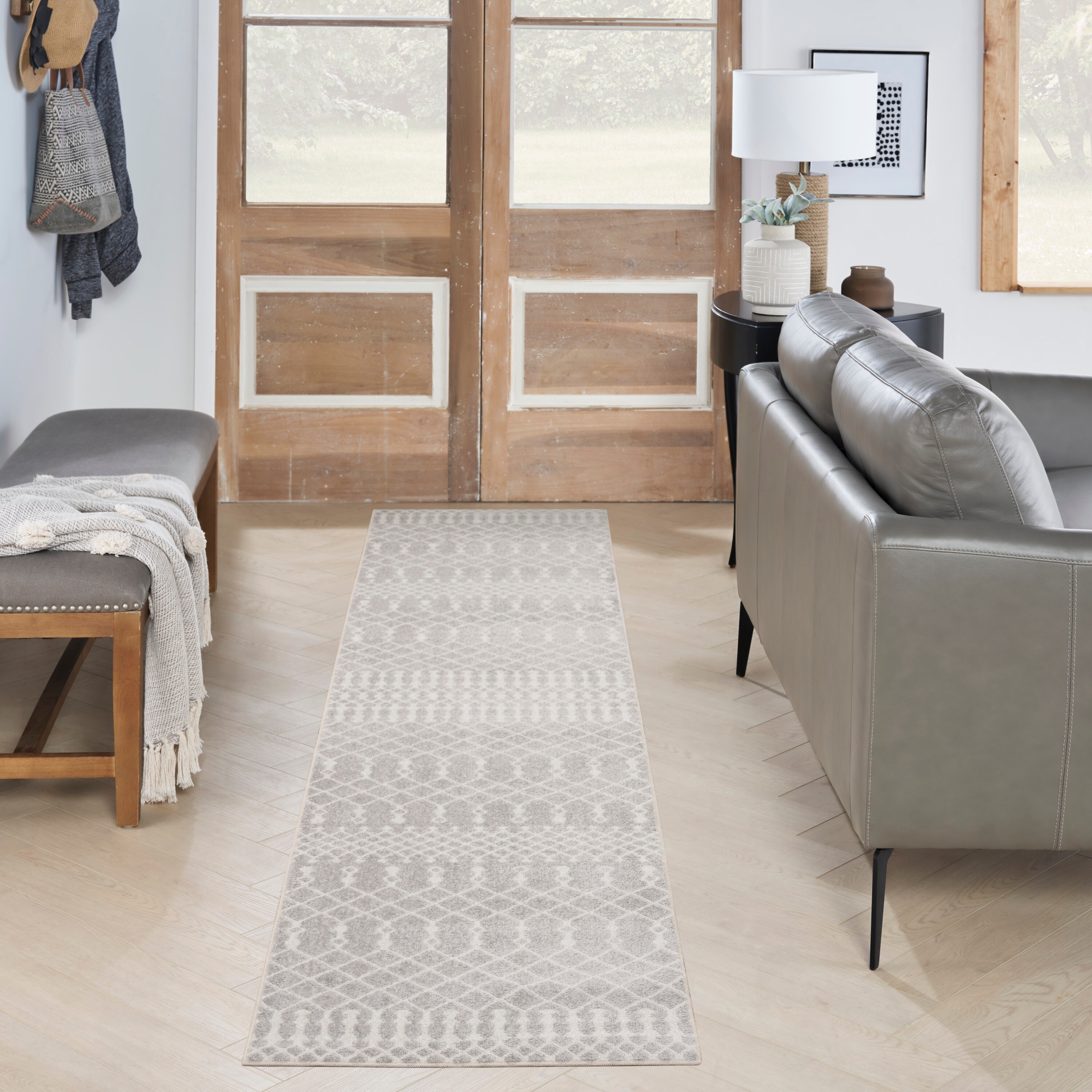 Nourison 099446122278 Astra Machine Washable 2 x 10 (ft) Loomed Polyester Grey Rectangular Indoor Tribal Bohemian/Eclectic Machine washable Runner rug