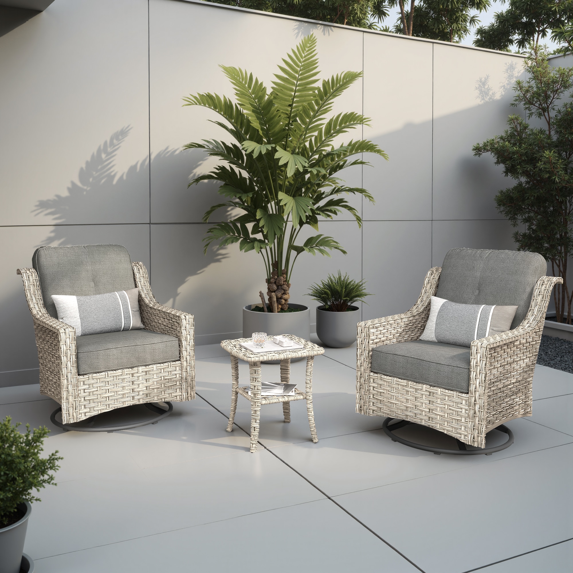 weaxty HMBPADYZ200S3 Aireno Set of 2 Wicker Black Steel Frame Swivel rocker Conversation Chair with Gray Cushioned Seat