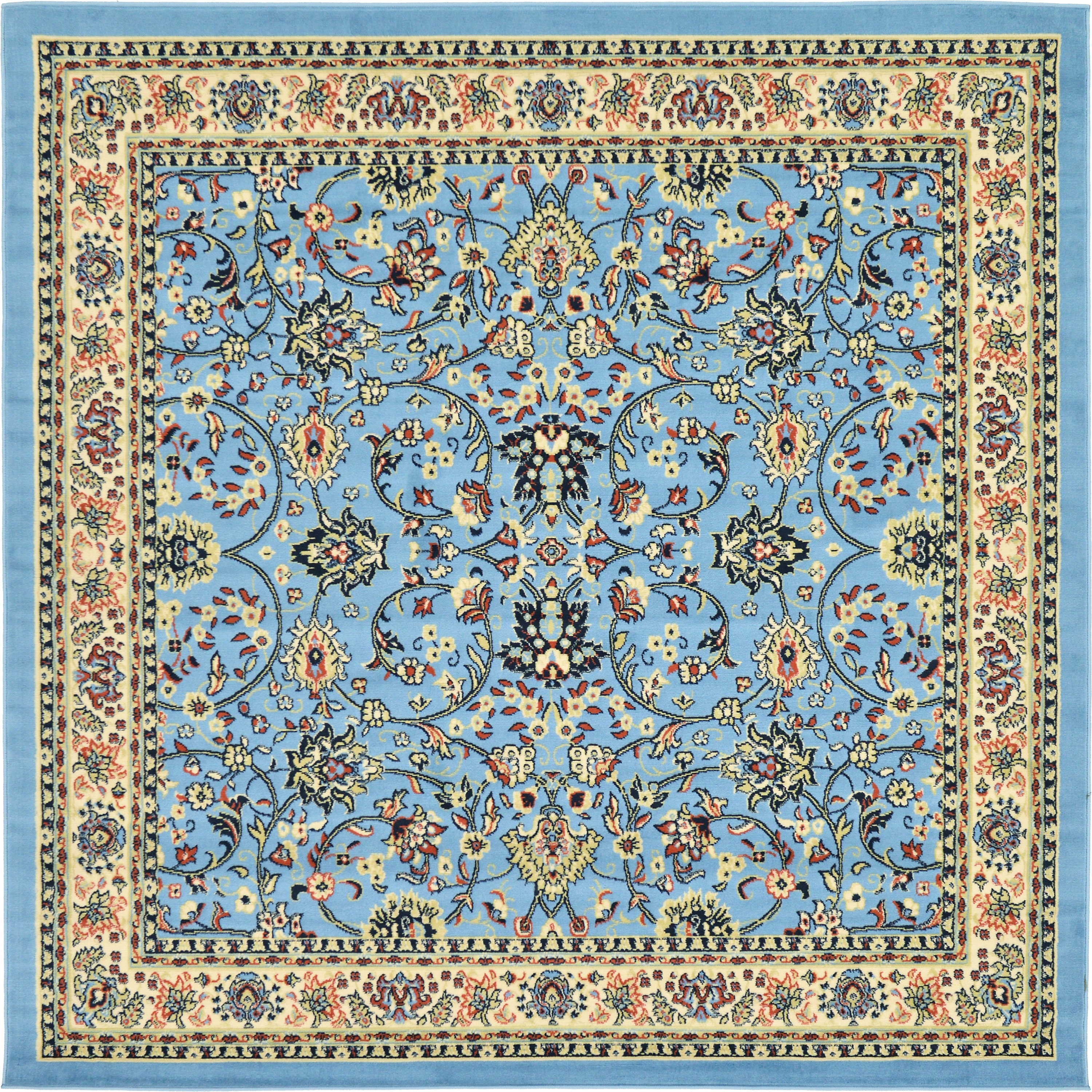 Unique Loom 3124976 Washington Sialk Hill 8 x 8 (ft) Loomed Polypropylene Light Blue/Ivory Square Indoor Floral/Botanical Vintage Area rug
