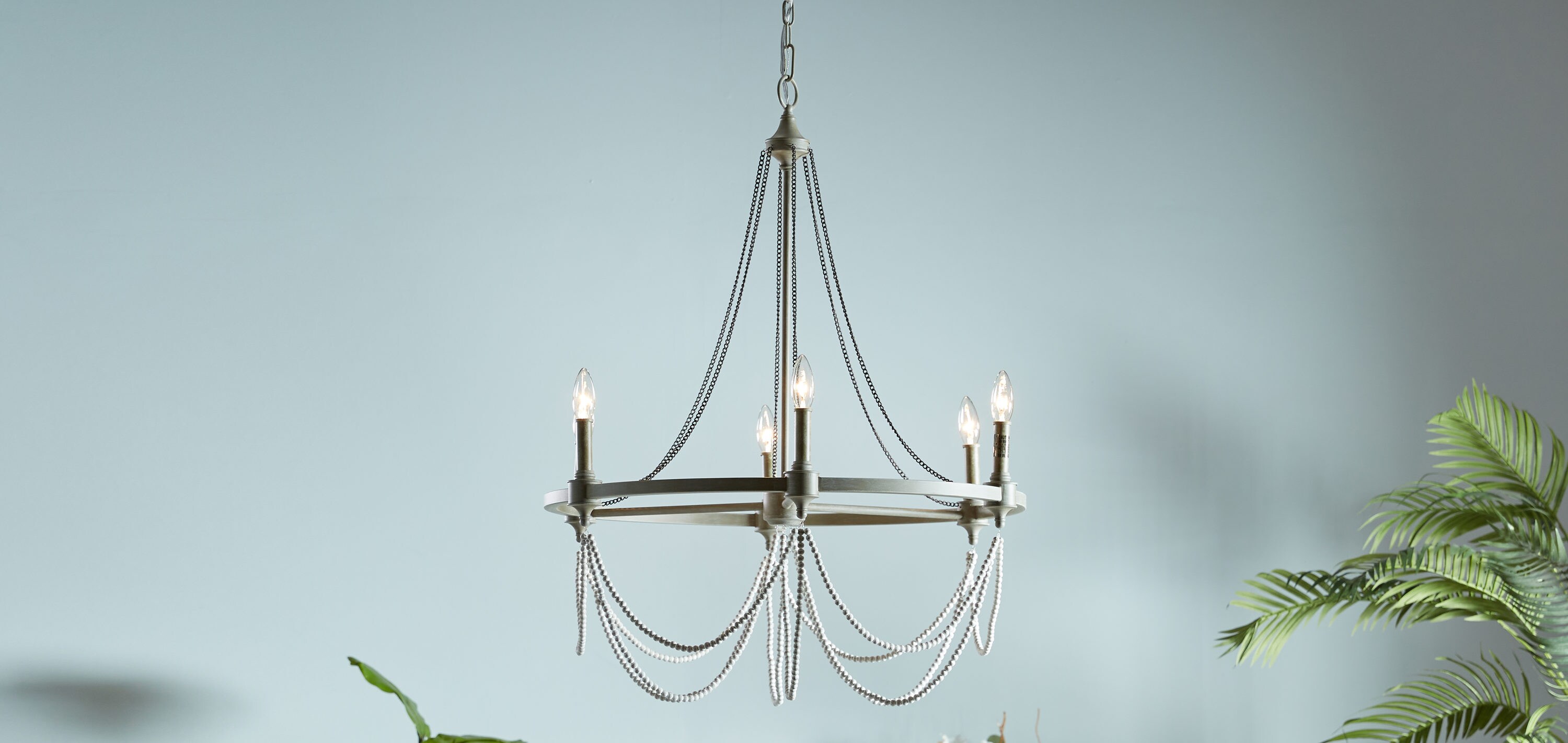 Beverly 28" French Washed Oak & Distressed White 6-Light Chandelier