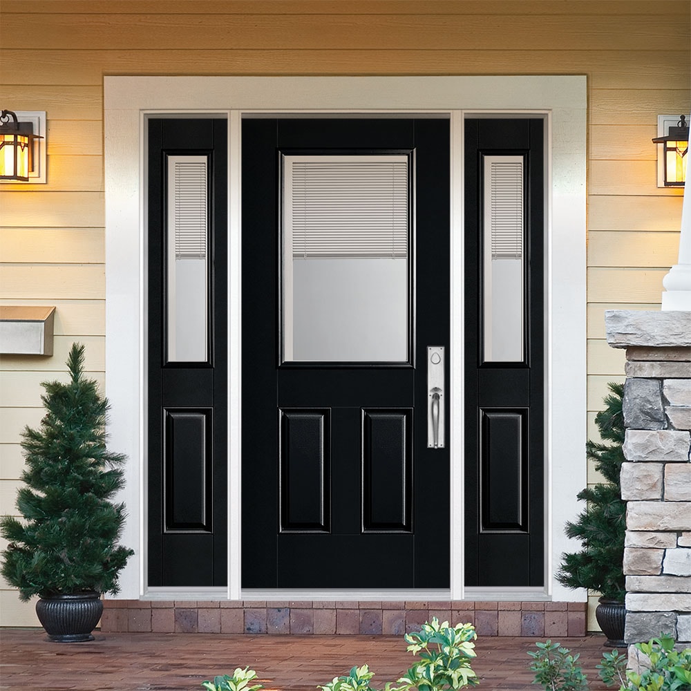 Masonite 1218521 60-in x 80-in x 4-9/16-in Fiberglass Half lite Left-hand inswing Peppercorn Painted Prehung Front Door with Sidelights with Brickmould Insulating core with Blinds
