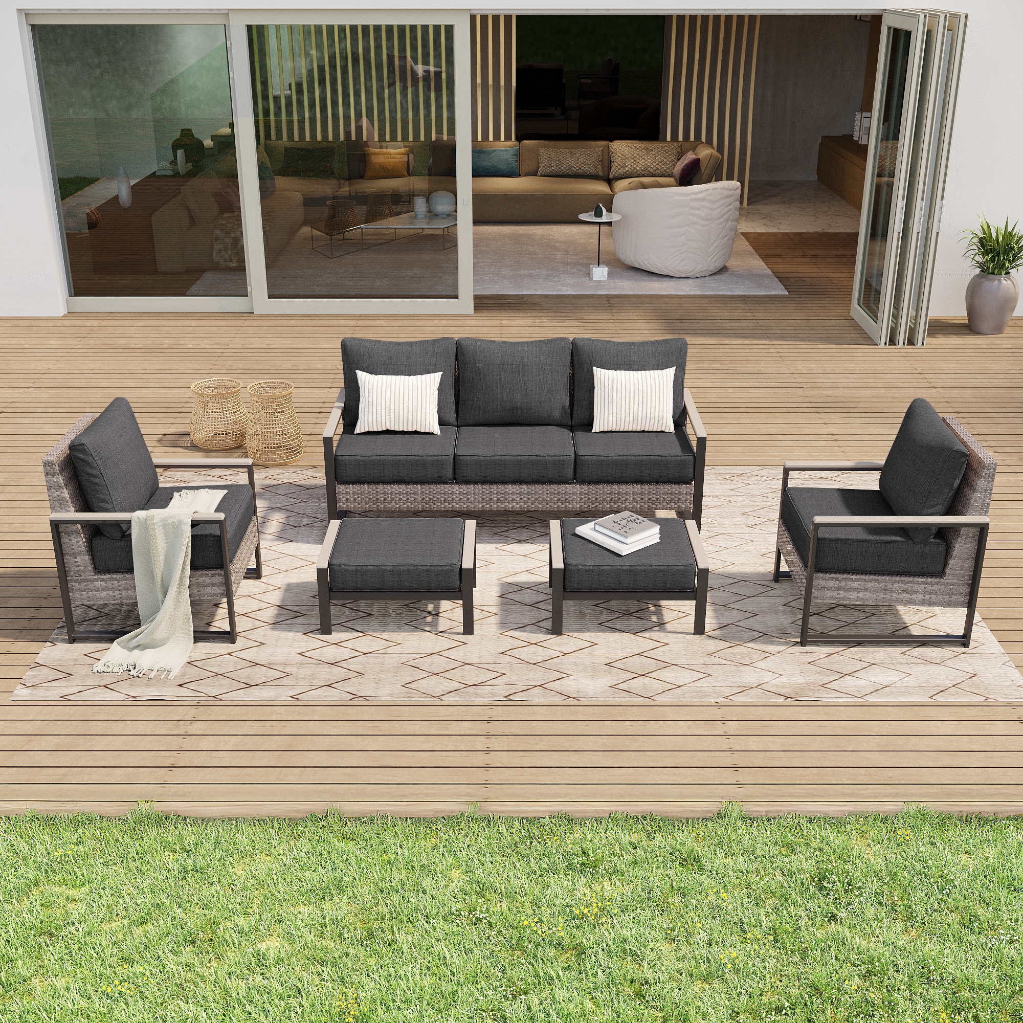 ACEGOSES LW-148HBK Skytop 5 -Piece Wicker Patio Sofa Conversation Set with Black Cushions