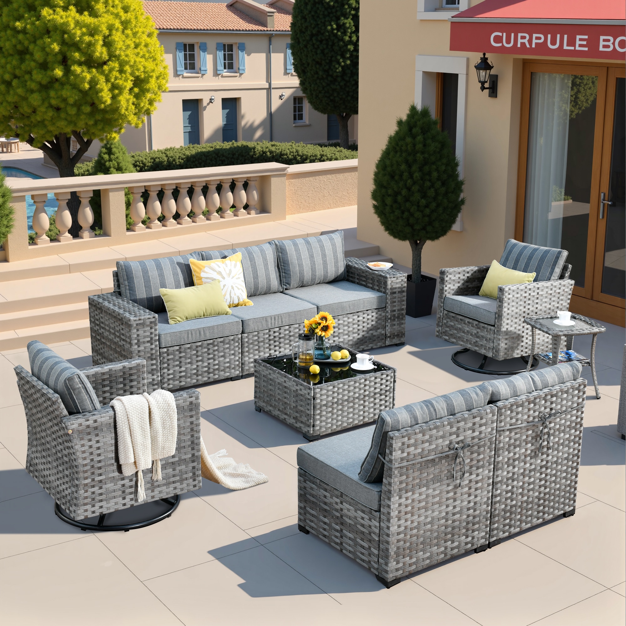Pouuin SYZBBR2T-9 9 -Piece Rattan Patio Sofa Conversation Set with Dark Gray Cushions