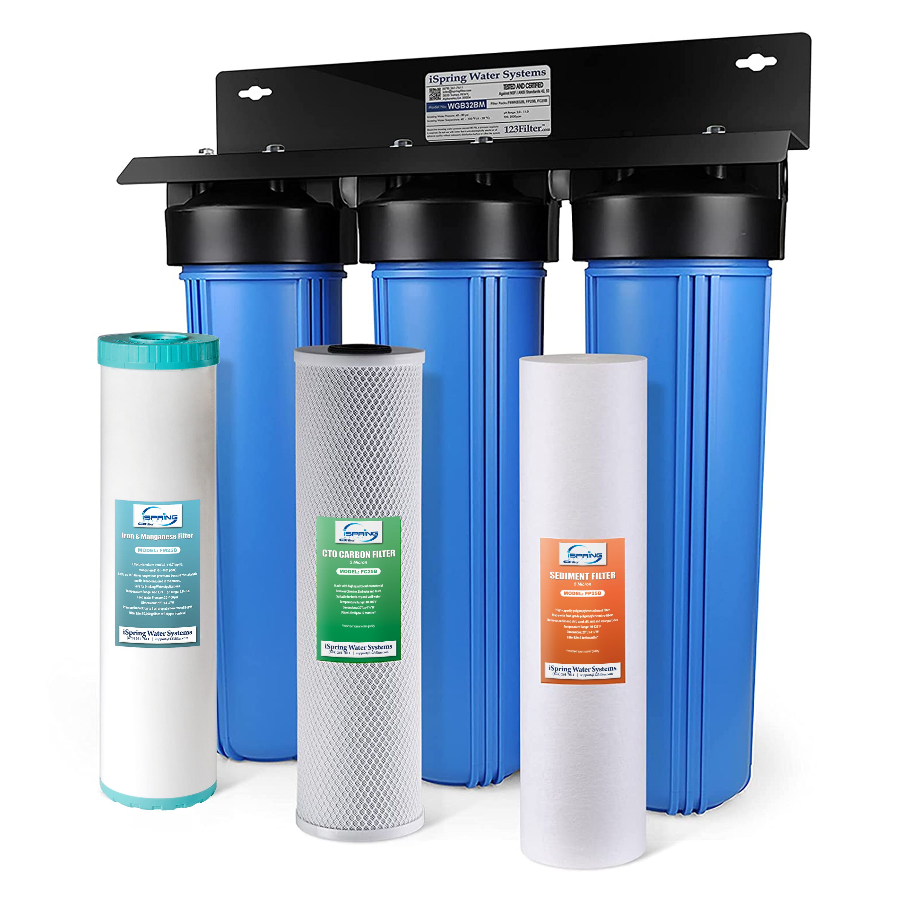 iSpring WGB32BM 3-Stage Whole House Water Filtration System w/ 20-inch Sediment, Carbon Block, and Iron & Manganese Reducing Filter