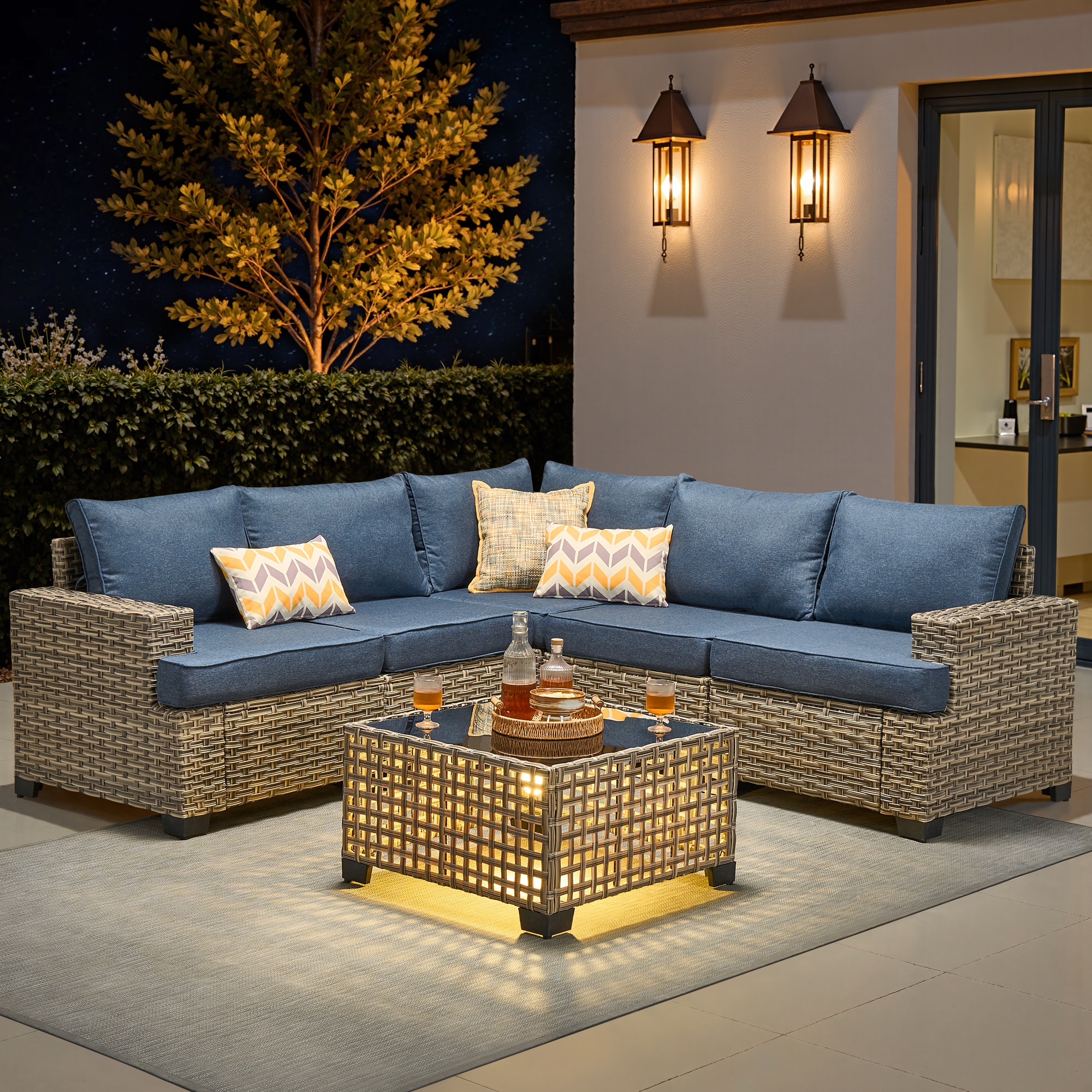 Pouuin STBS500-6 Wicker Outdoor Sectional with Light blue Cushions and Wicker Frame