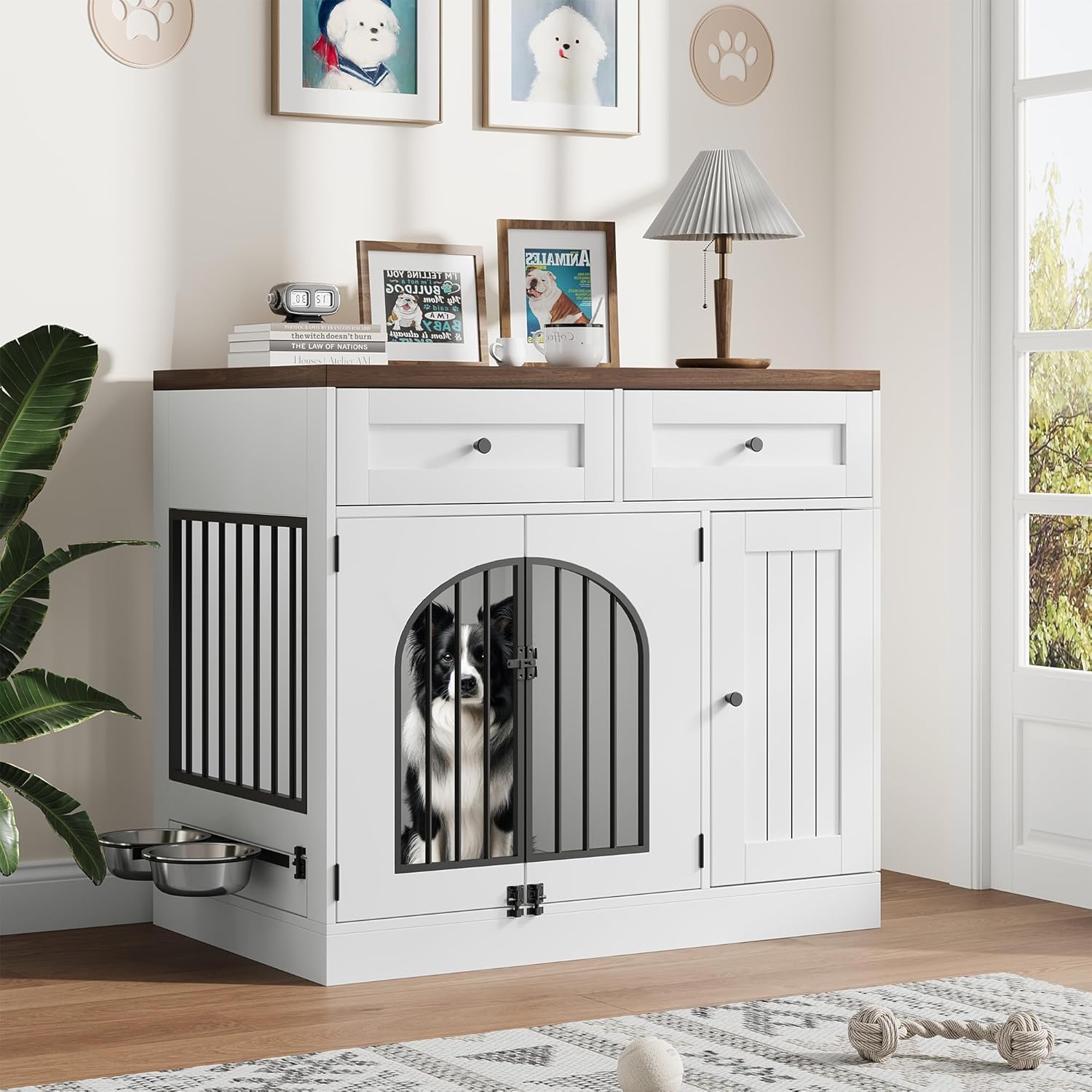 Qeetex LHF-GLG-W6I262 37 Inch Wooden Dog Crate Furniture Dog Kennel Furniture with Storage and Feeding Bowls Indoor Dog House End Table for Small to Medium-Large Dogs White