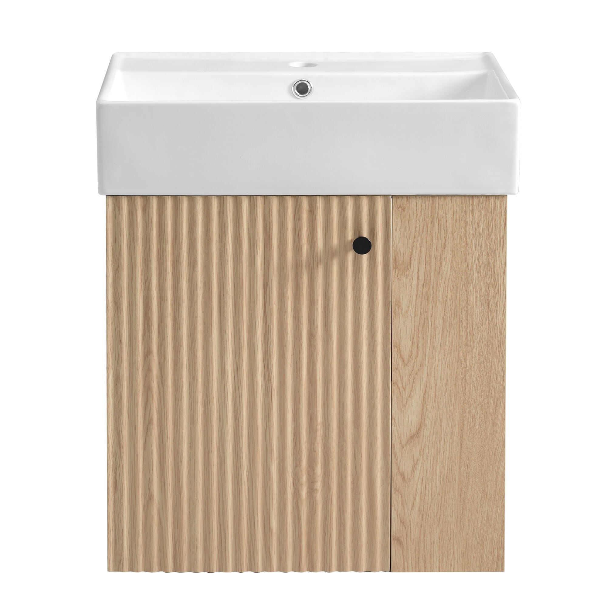 JEAREY 21.6 Inch Modern Floating Bathroom Vanity in Natural with Right Side Storage for Small Bathrooms and White Ceramic Top