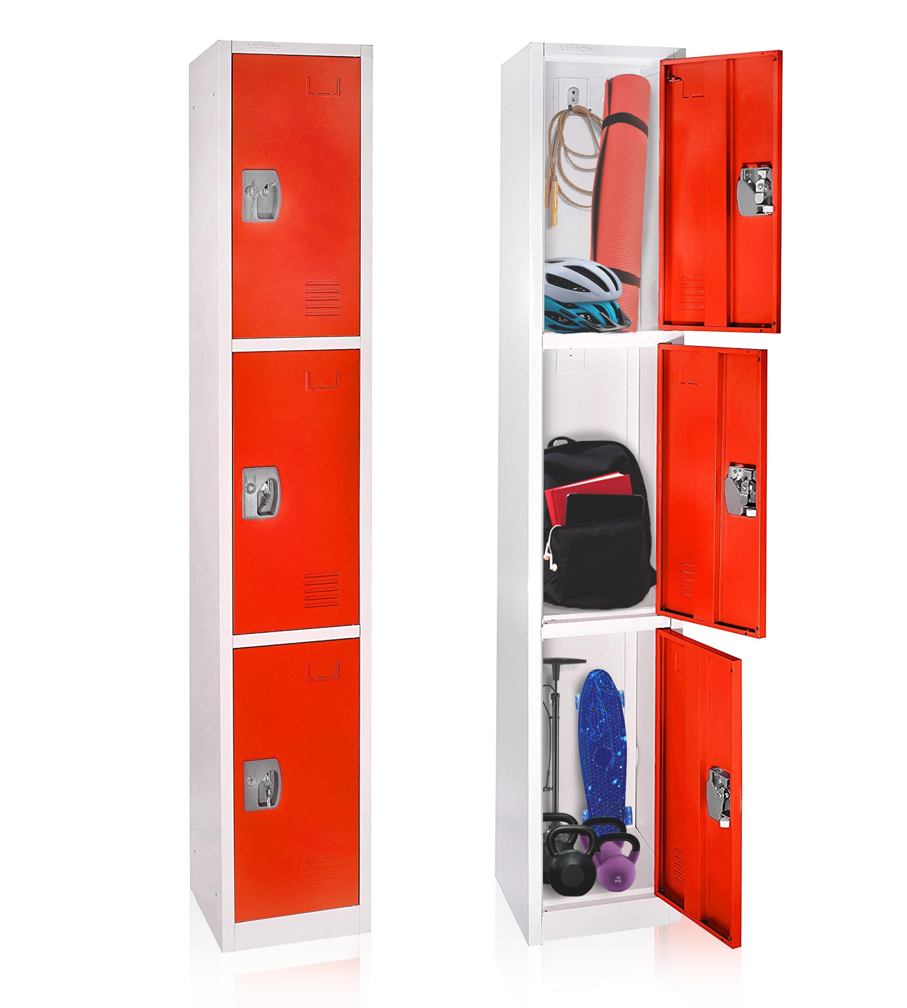 Red Steel 3-Tier Freestanding Office Locker with Adjustable Shelving