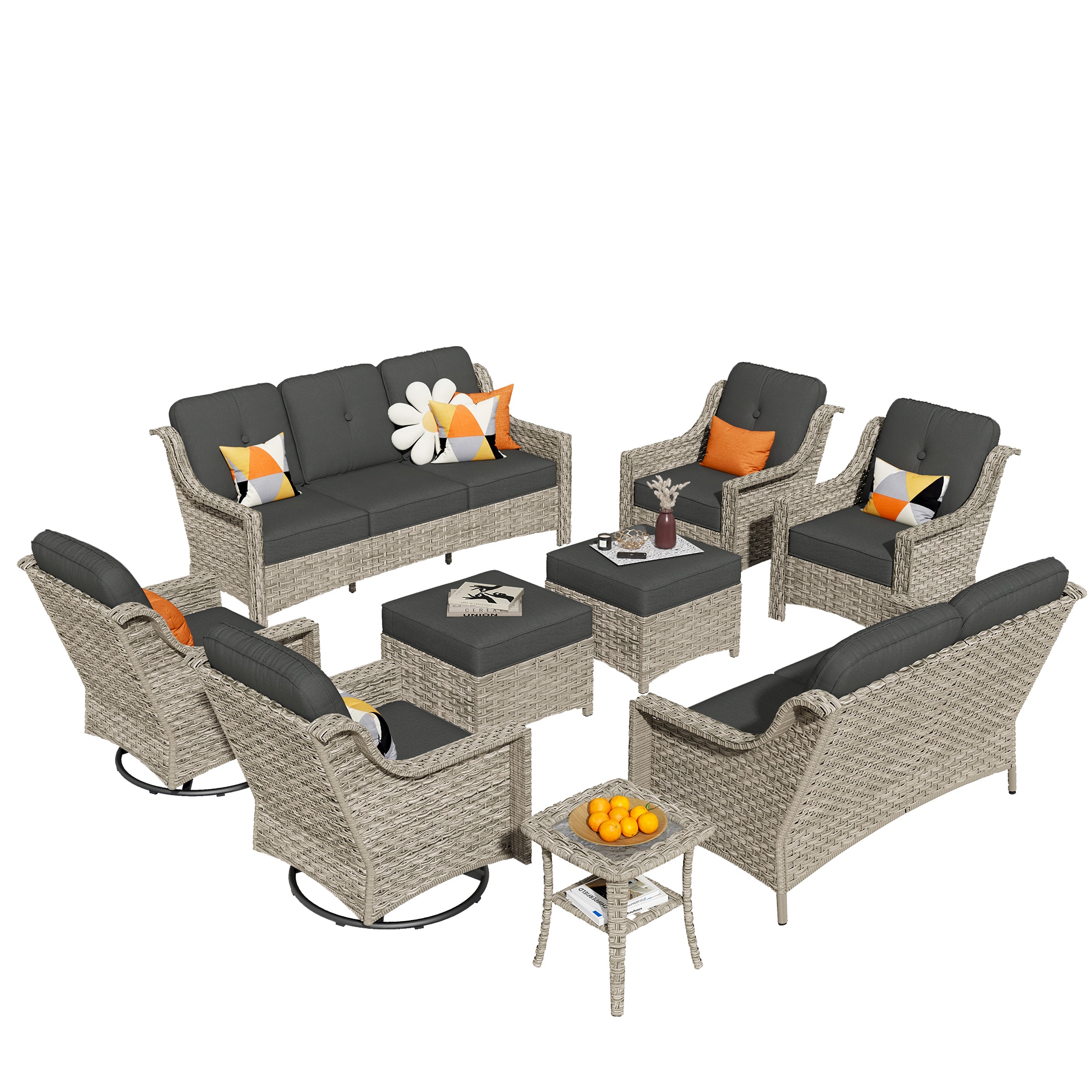 Pouuin SYZPAD109 9 -Piece Wicker Patio Sofa Conversation Set with Gray Cushions