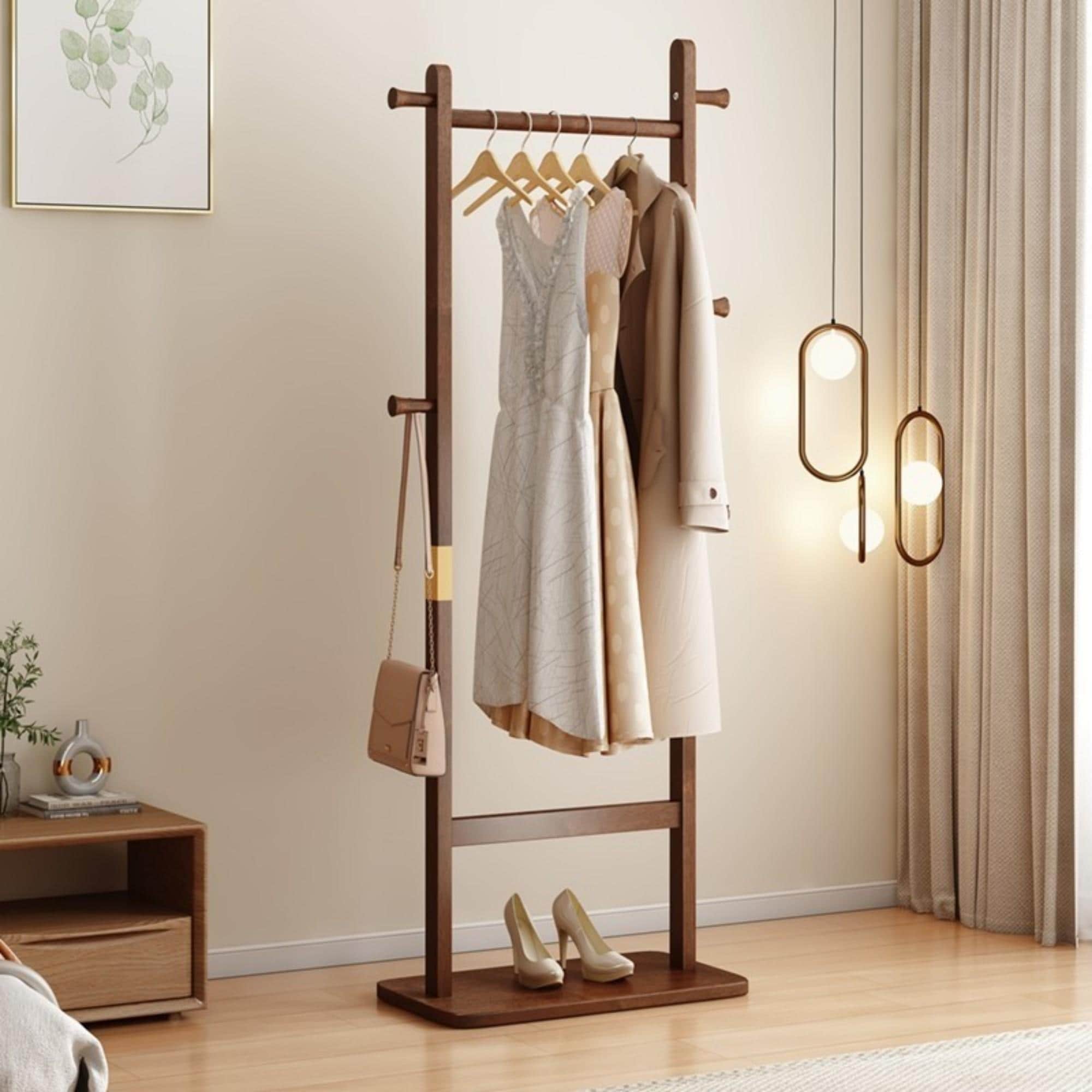 GlasFlength  Clothes Hanger Solid Wood Coat Rack Freestanding Organizer for Bedroom Living Room Entryway Walnut  (26.65-in L x 11-in W x 64.2 -in H)