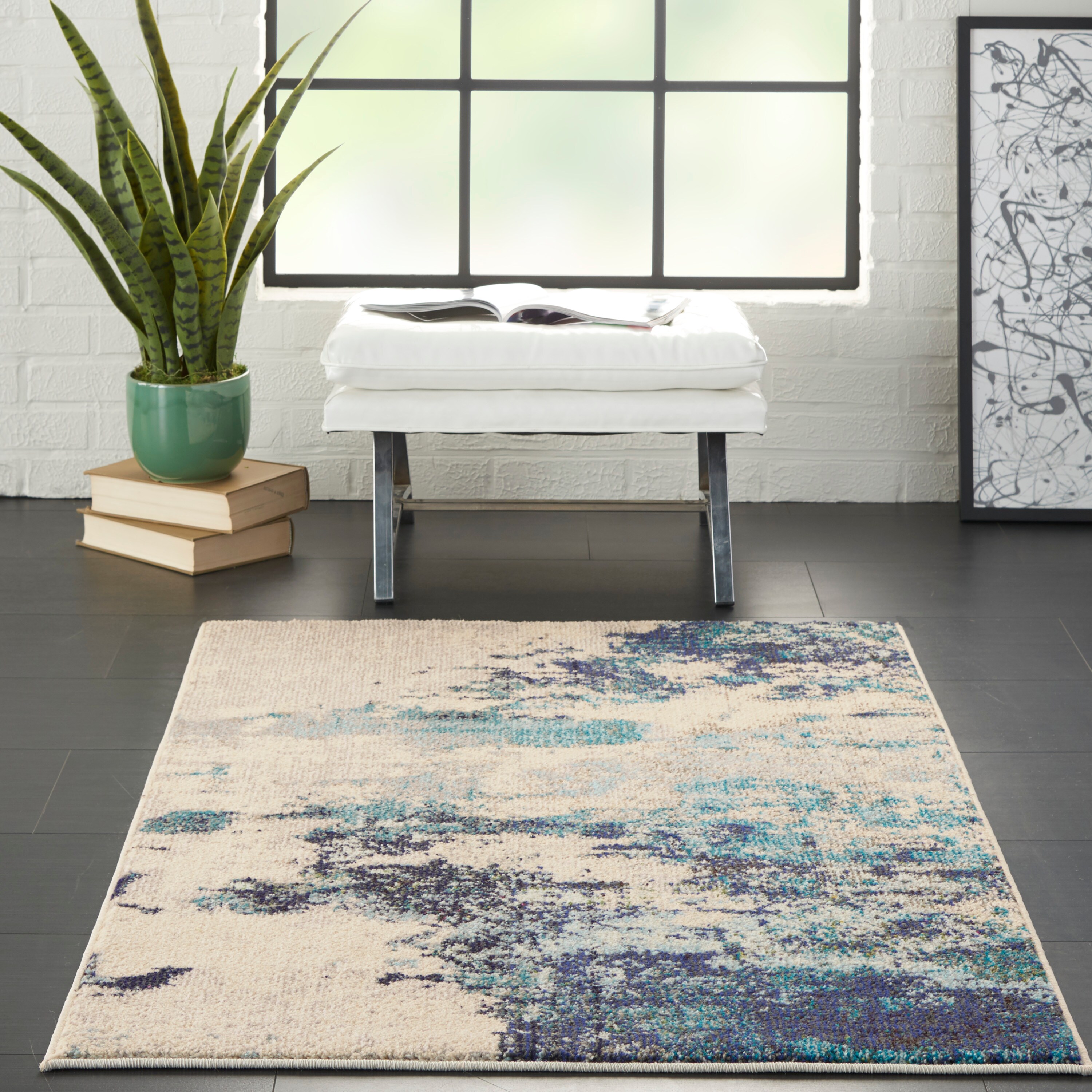 Hand-knotted Blue and White Abstract Medium Rug
