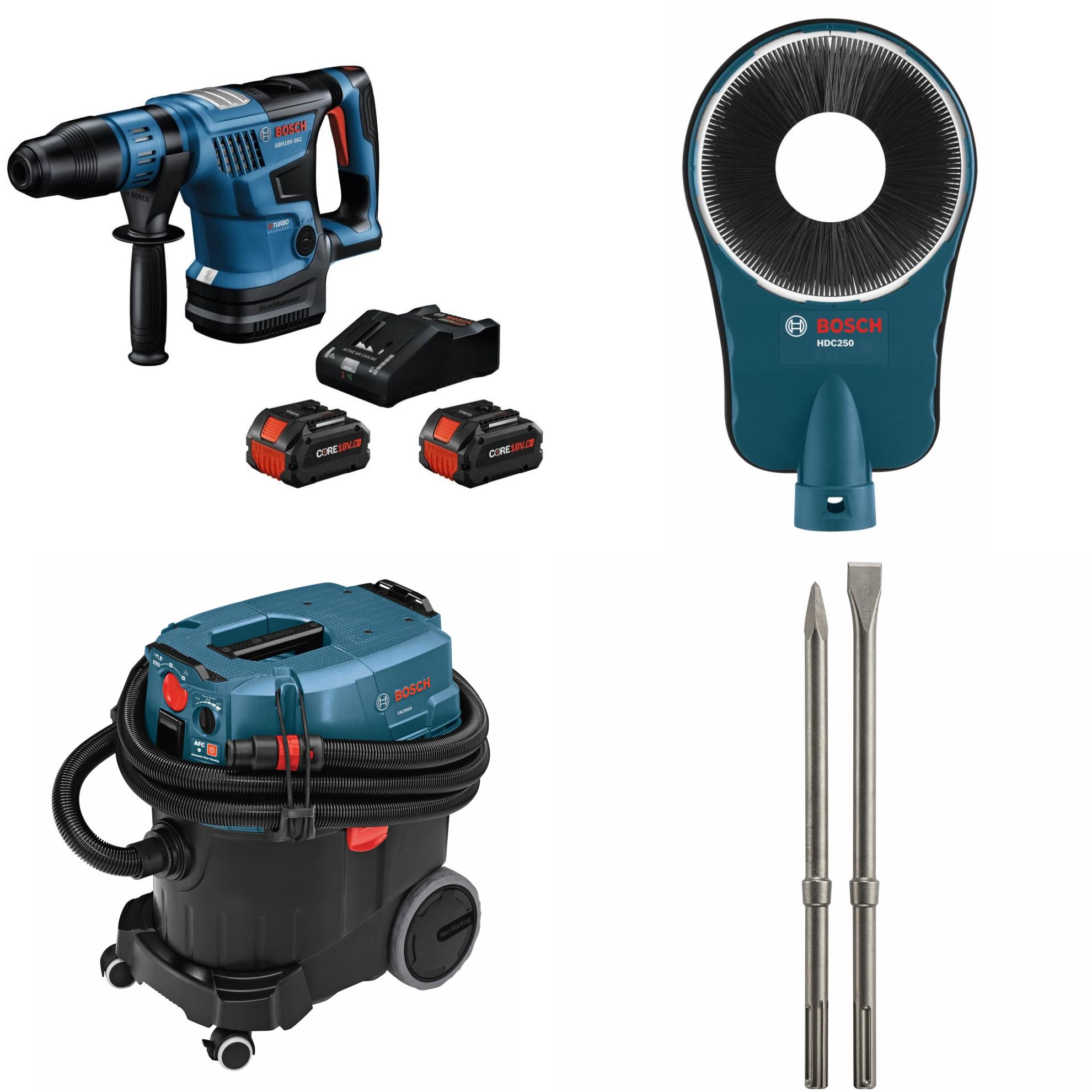 Bosch  PROFACTOR™ 18V Connected-Ready SDS-max® 1-9/16 In. Rotary Hammer Kit with (2) CORE18V® 8 Ah High Power Batteries, 9-Gallon Dust Extractor with Auto Filter Clean and HEPA Filter, SDS-max® 2-Pack Hammer Steel Masonry Chisel Set and SDS-max® Core Bit Dust Collection Attachment