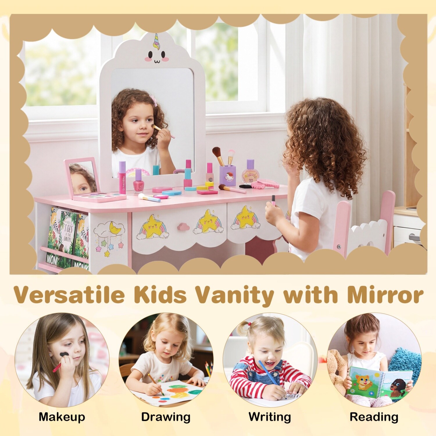 Volenca MDF Kids Vanity Table and Chair Set with 2 Drawers Side Shelves