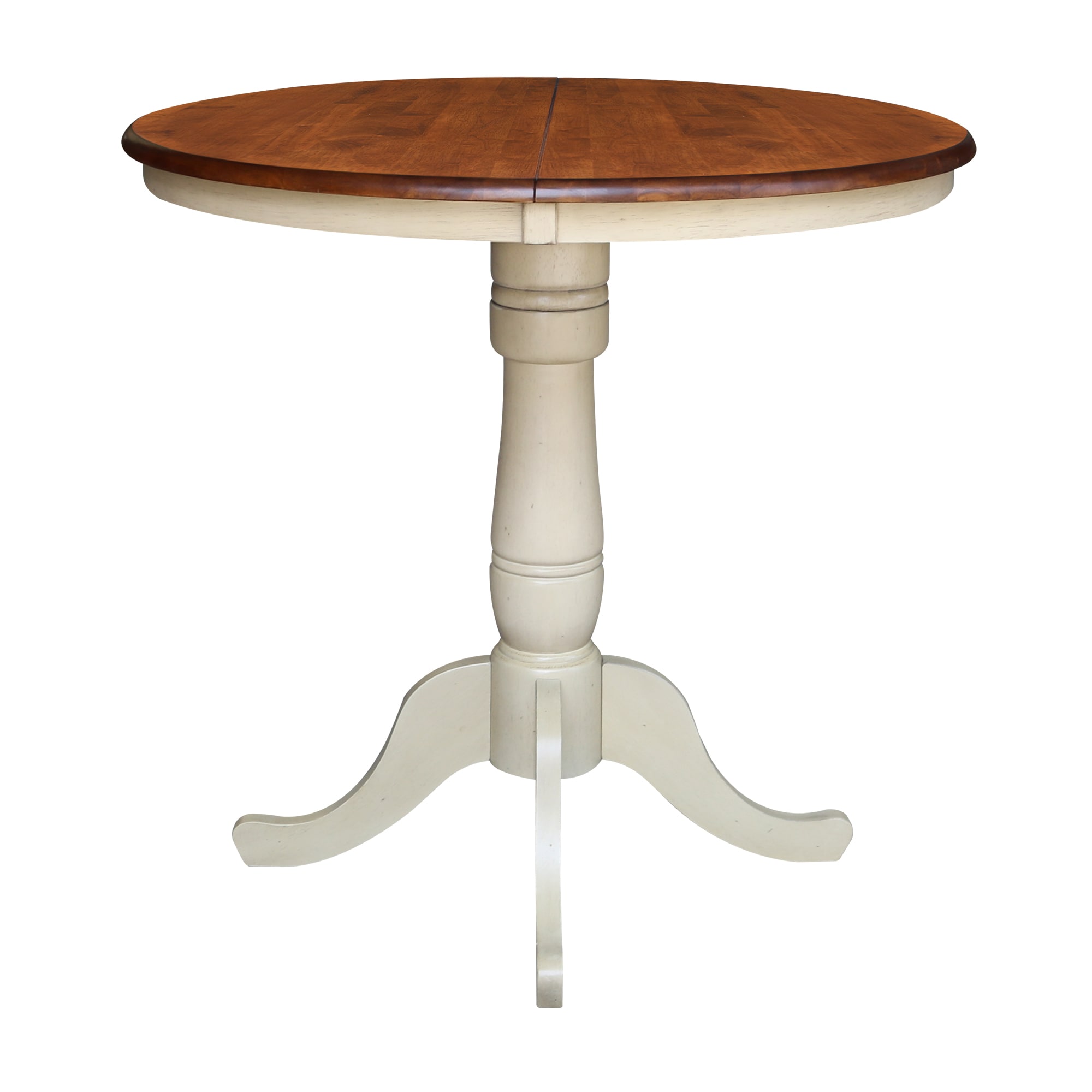 International Concepts K12-36RXT-6B Antiqued almond/Espresso Round Traditional Extending Removable leaf Counter Table, Wood with Antiqued Almond Wood Pedestal Base 48-in L x 35.3-in H