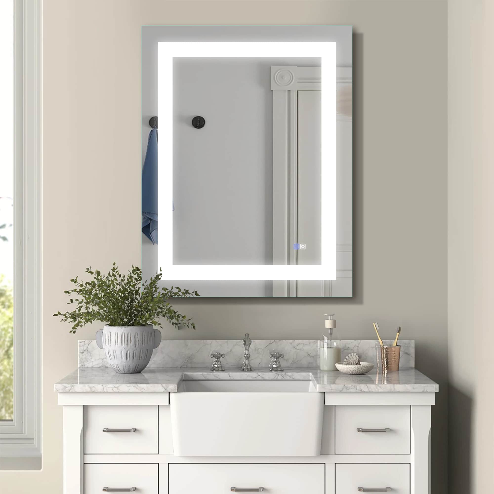 Forclover JSEXHY2836-4X 28-in x 36-in Polished Frameless Rectangle Dimmable Lighted Fog Free Bathroom Vanity Mirror ( Silver )
