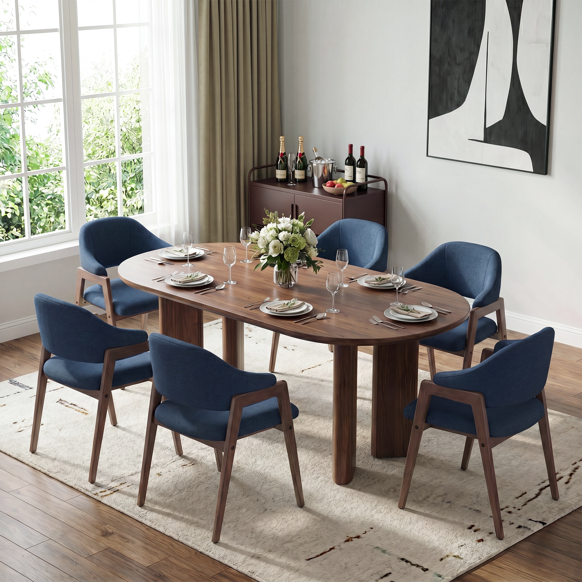 ViviHav - Set of 6 Blue Upholstered Dining Armchair with Rubber Wood Frame