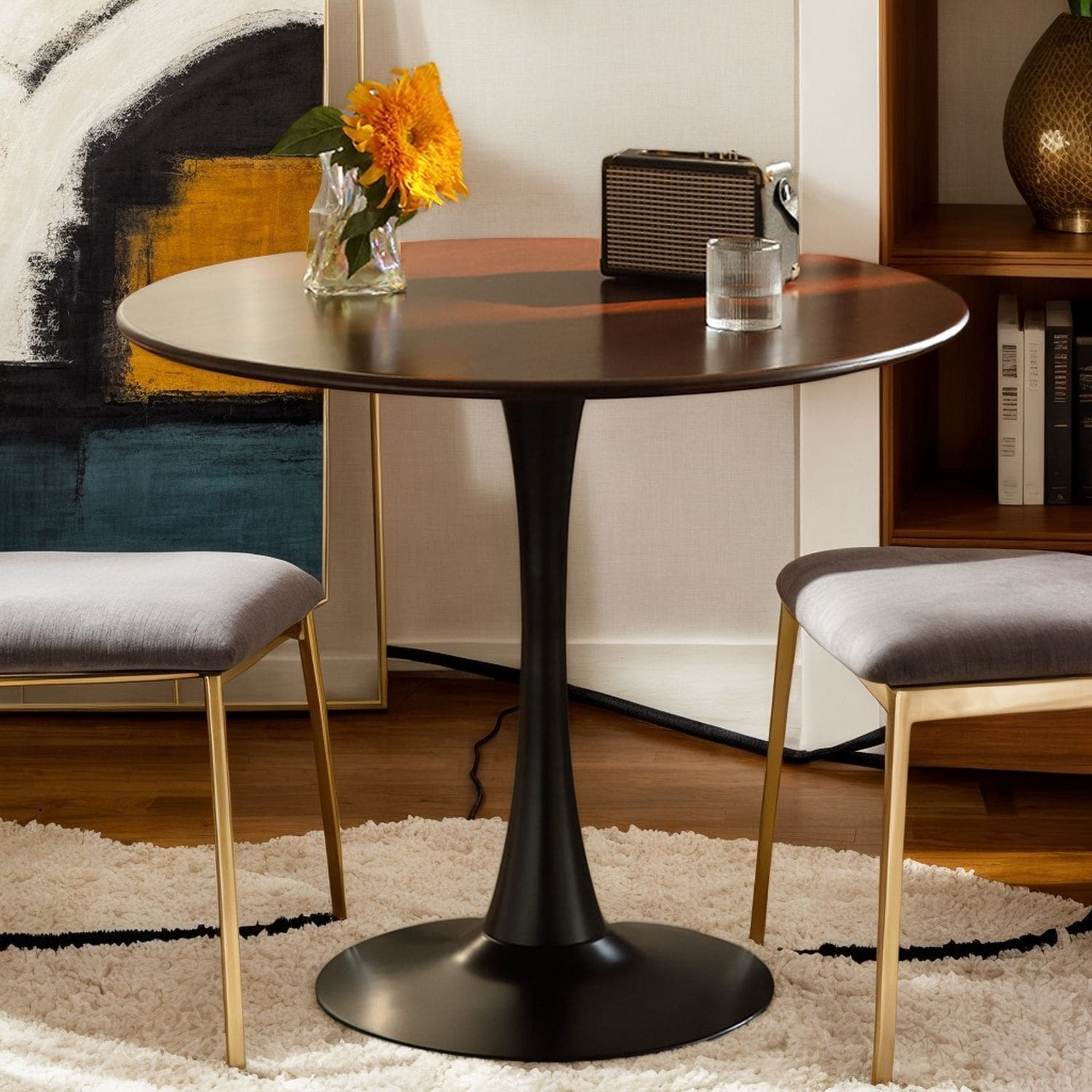 Blisstyle - Promir brown Round Contemporary/Modern MDF Dining Table, with Metal Pedestal Base 23....