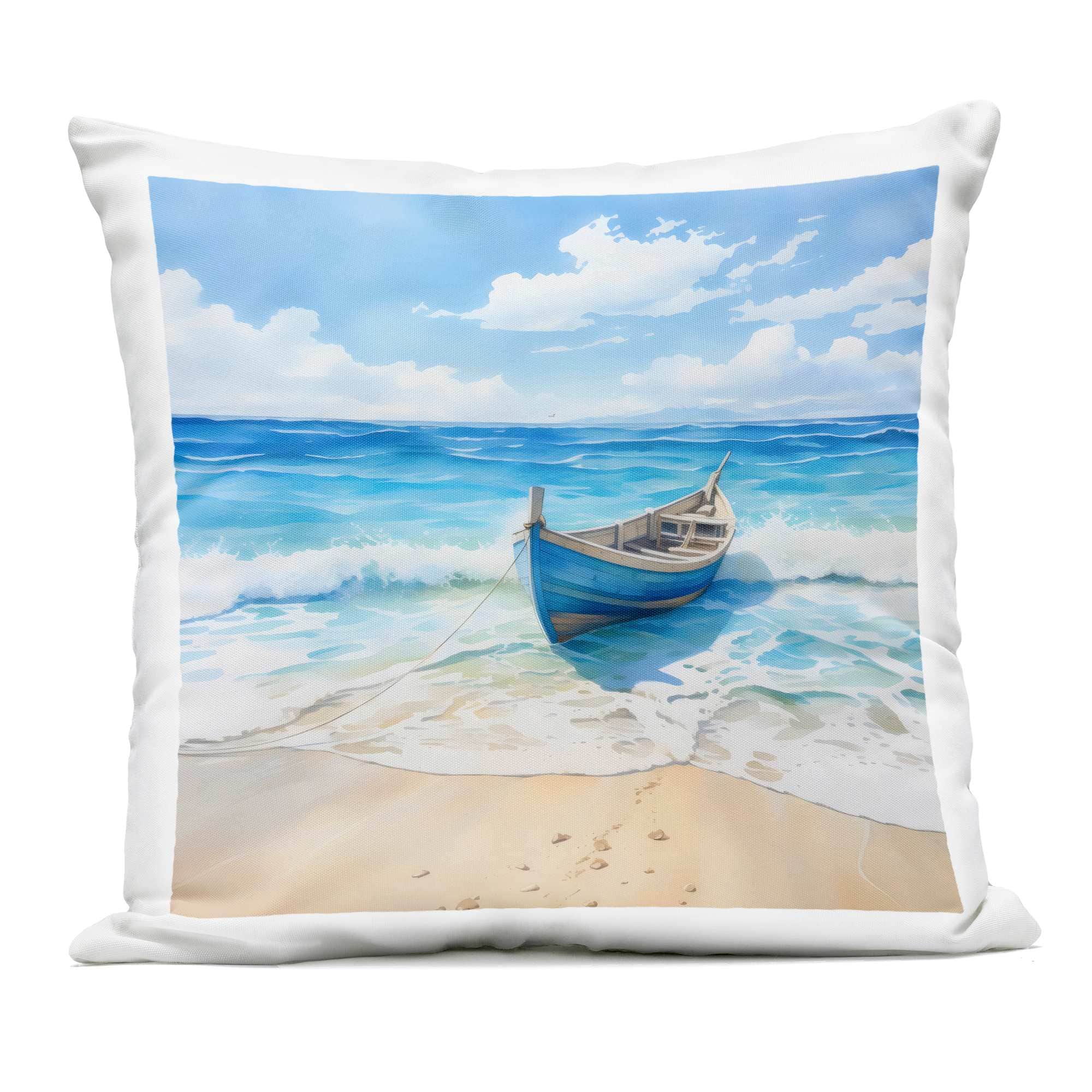 Stupell Industries PLQ-810-OSQ-18X18 Beach Boat Tied on Shore Outdoor Printed Pillow design by LSR Design Studio 18 x 18