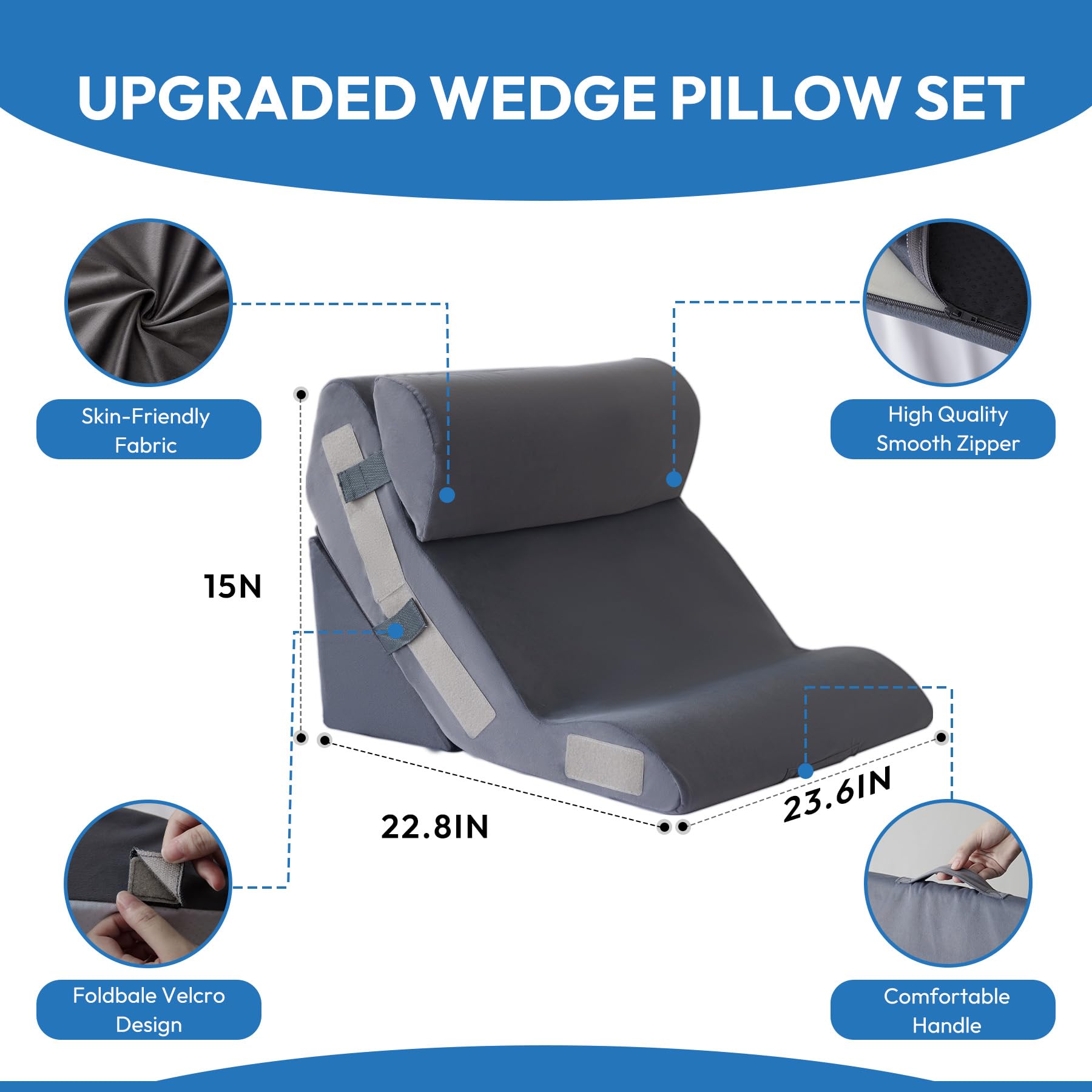 PIGFDK Plush Grey 3PCS 10-in-1 Foam Bed Wedge Pillow Set For Post ...