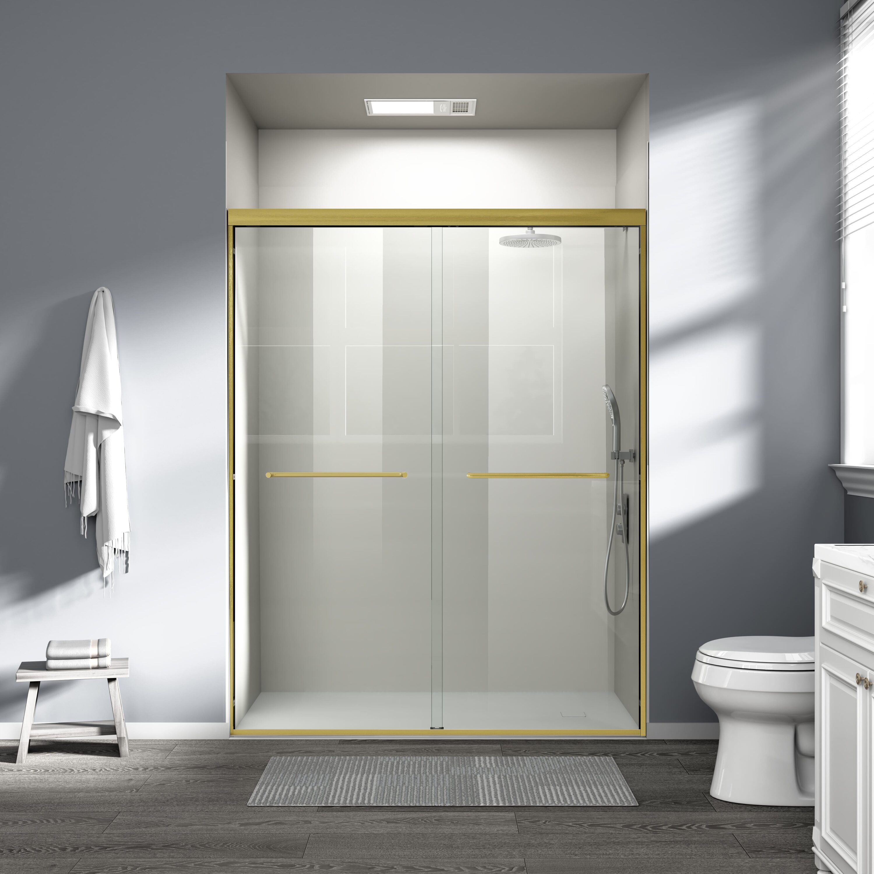 Abruzzo 56 in. - 60 in. W x 72 in. H Double Sliding Framed Bathroom Shower Door with 1/4 in. Tempered Glass in Brushed Gold