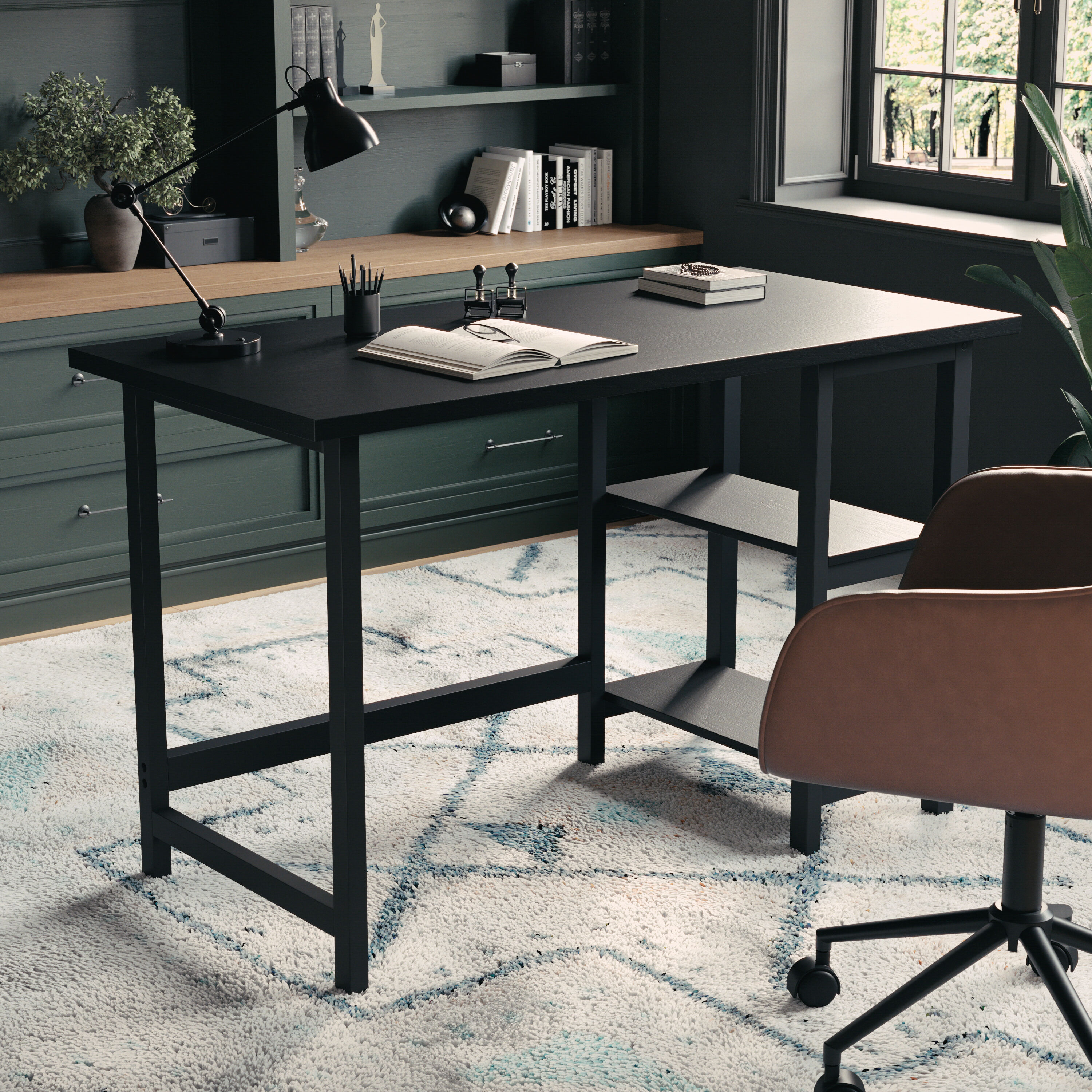 Black Wood Grain Trestle Desk with Open Shelving