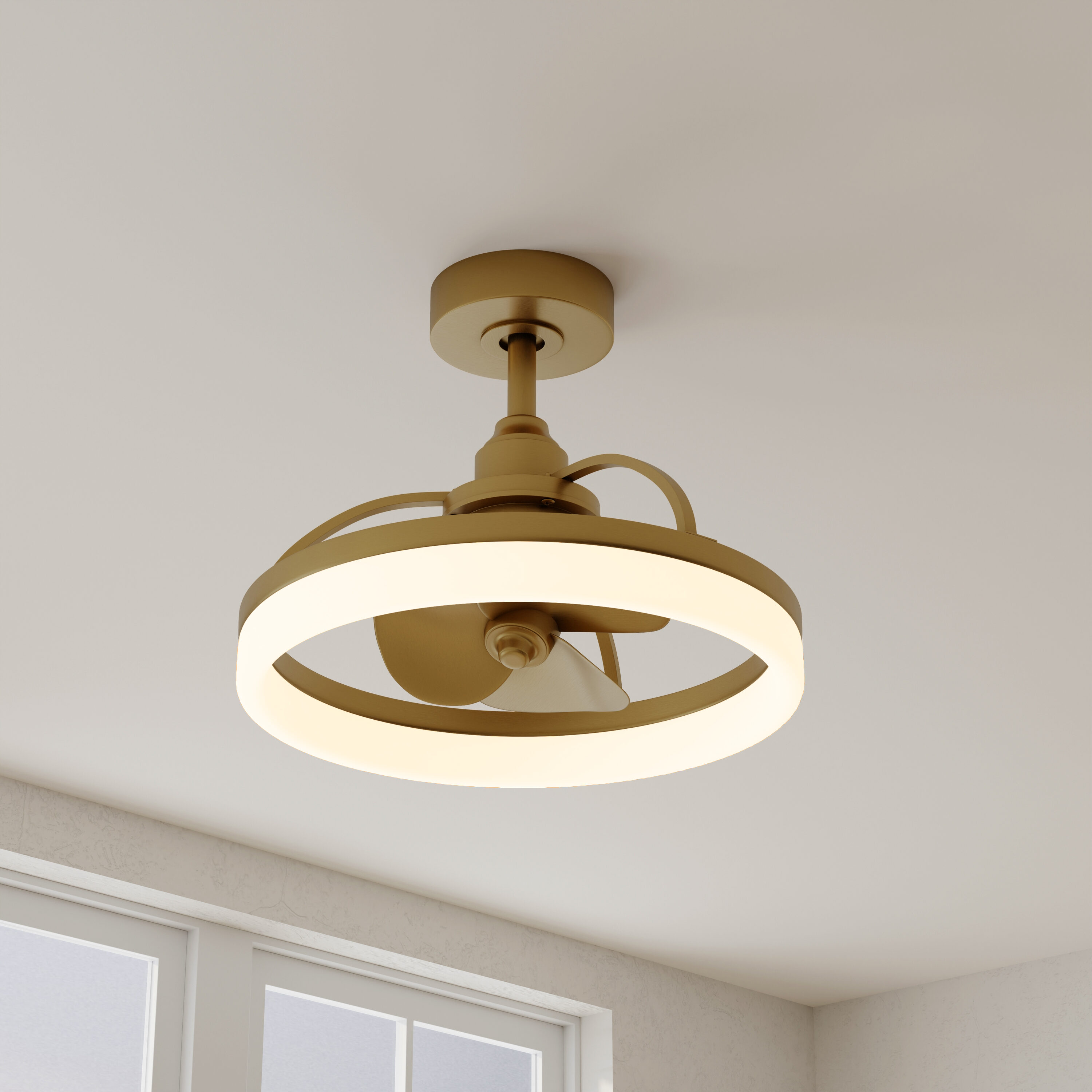 Progress Lighting P250115-109-30 Shear 19.75-in Integrated LED Outdoor Brushed Bronze with Gold Blades Fandelier Ceiling Fan With Light - Remote Included ( 3 -Blade )