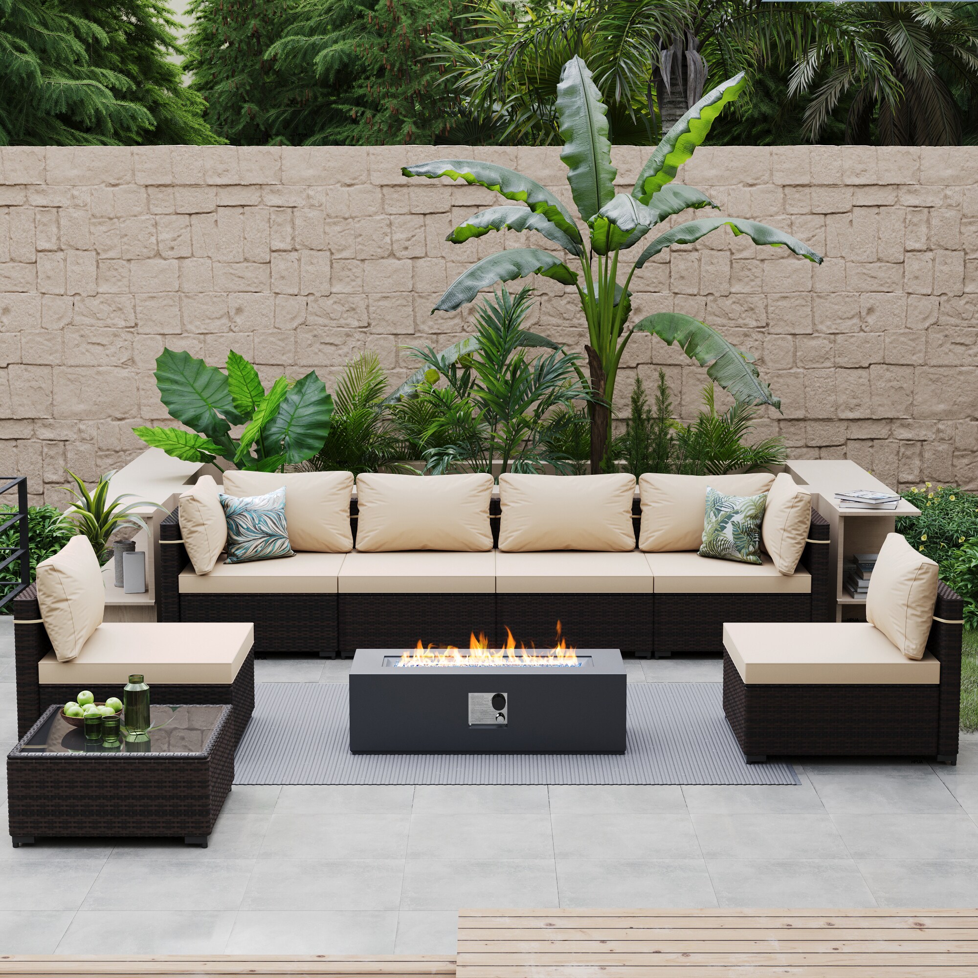 Patio Watcher RT7-BEIGE-C42TP 8-Piece Rattan Patio Conversation Set with Off-white Cushions