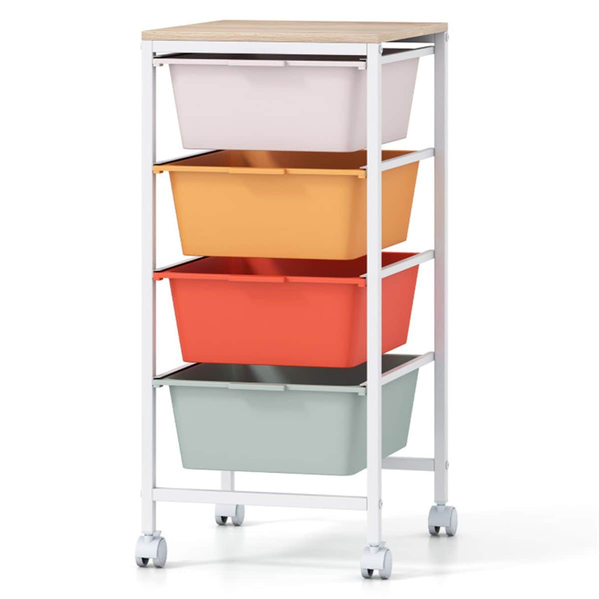 JUSHUA 4-Drawer Rolling Storage Cart Mobile Utility Organizer with MDF Wooden Top Macaron