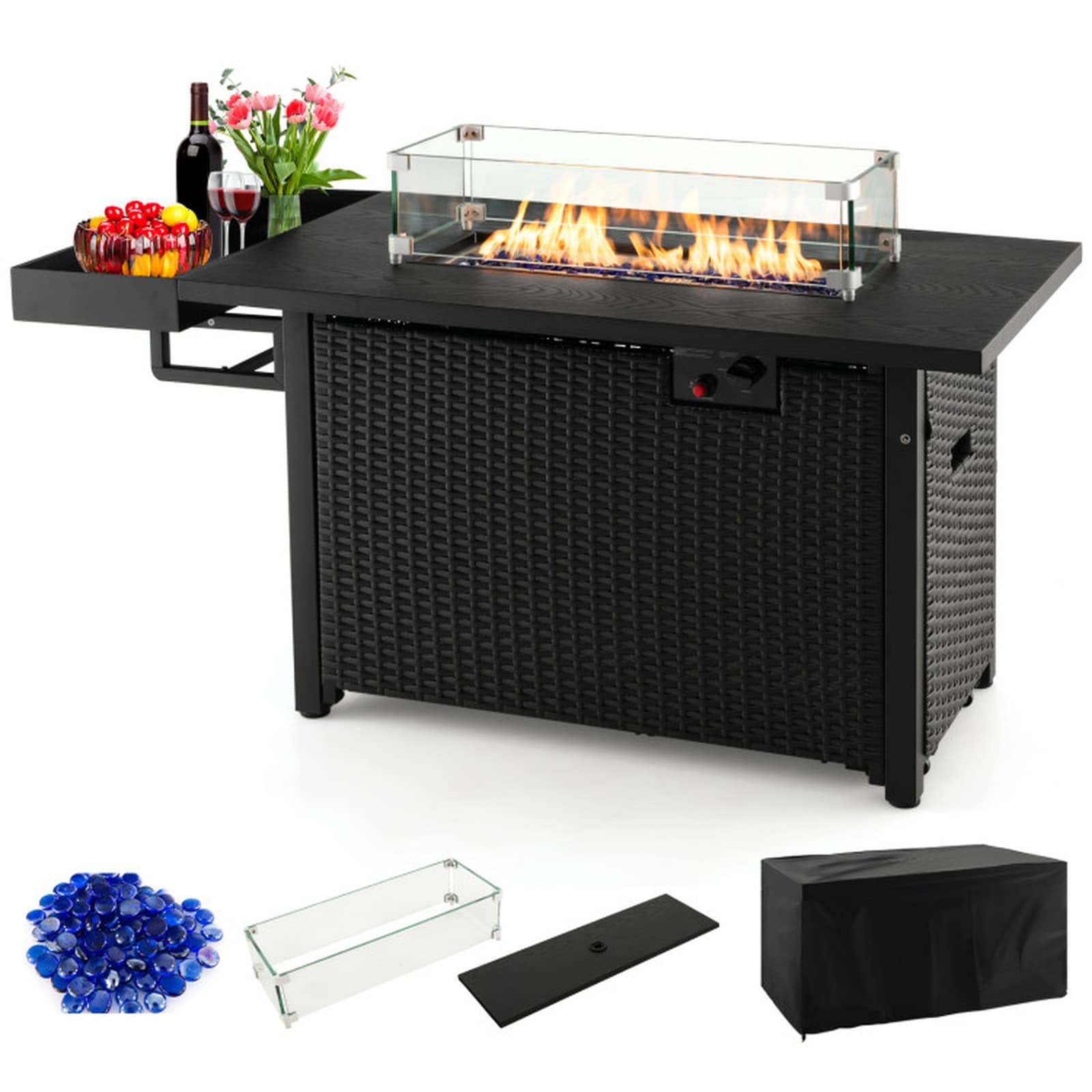 SUGIFT - 52-in Outdoor Wicker Propane Fire Pit Table 50000-BTU Gas Burner with Tempered Glass Win...