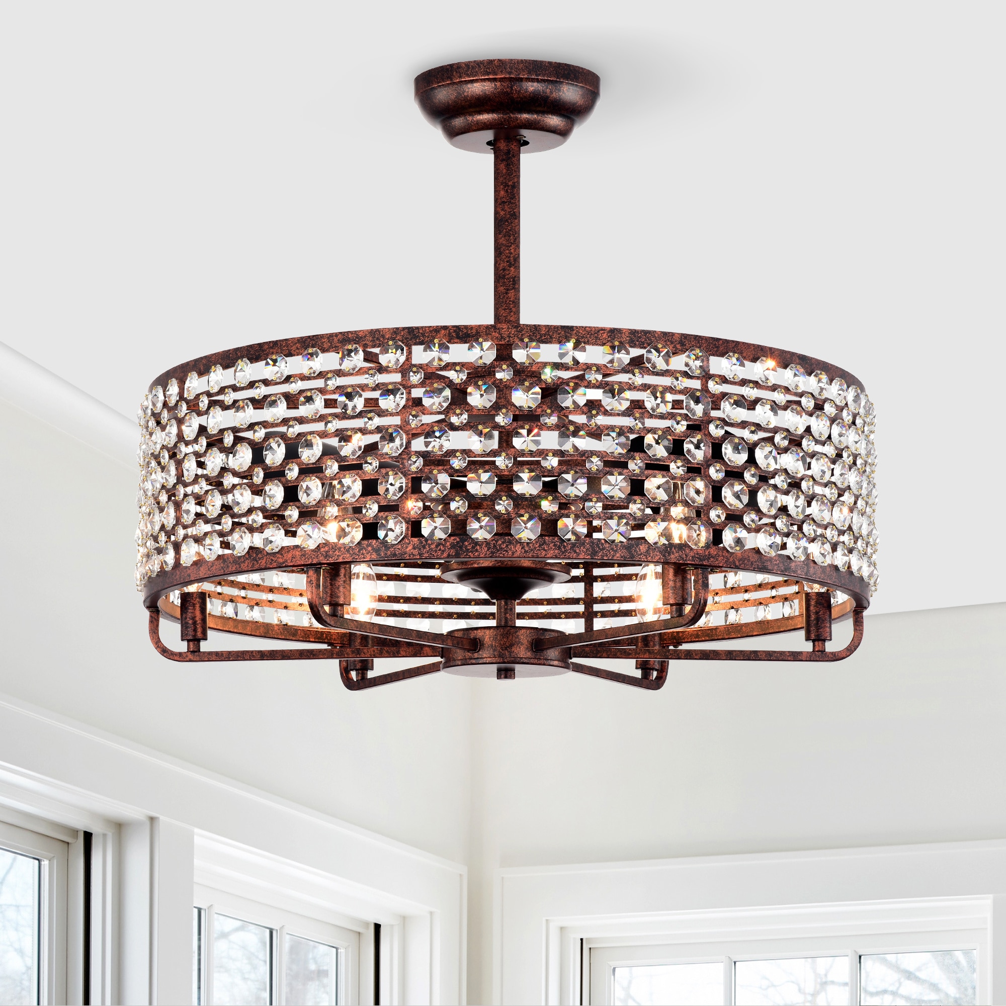 BABOOM BOM-2P16556-OR Crystal Shade Ceiling Fan 27.6 Rustic Brown with Chandelier Ceiling Fan Light Kit Compatible - Remote Included ( 3 -Blade )