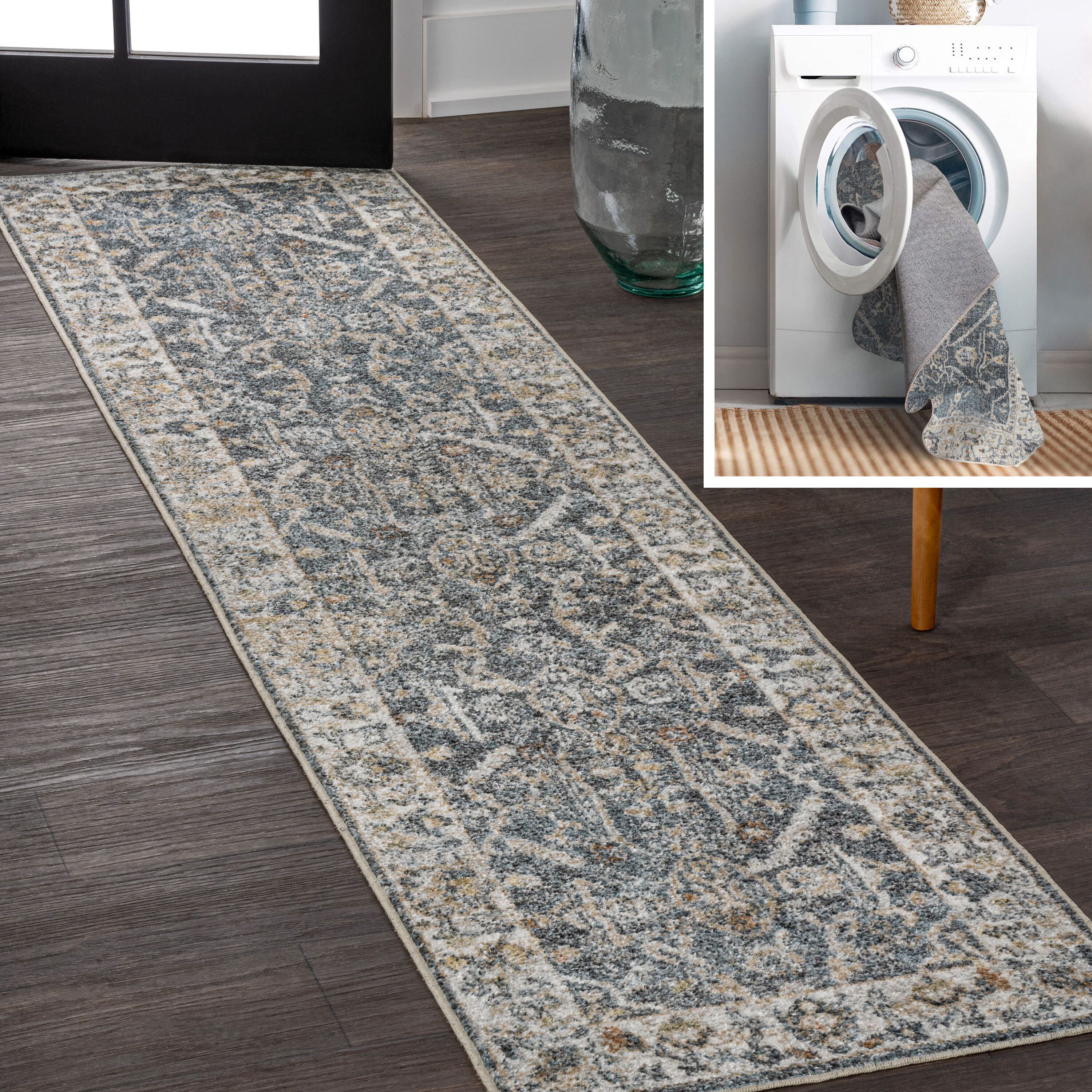 JONATHAN  Y WSH321A-28 WASHABLE Brandy Rustic Border Low-Pile 2 x 8 (ft) Loomed Polyester Dark Gray/Cream Rectangular Indoor Border Rustic Machine washable Runner rug