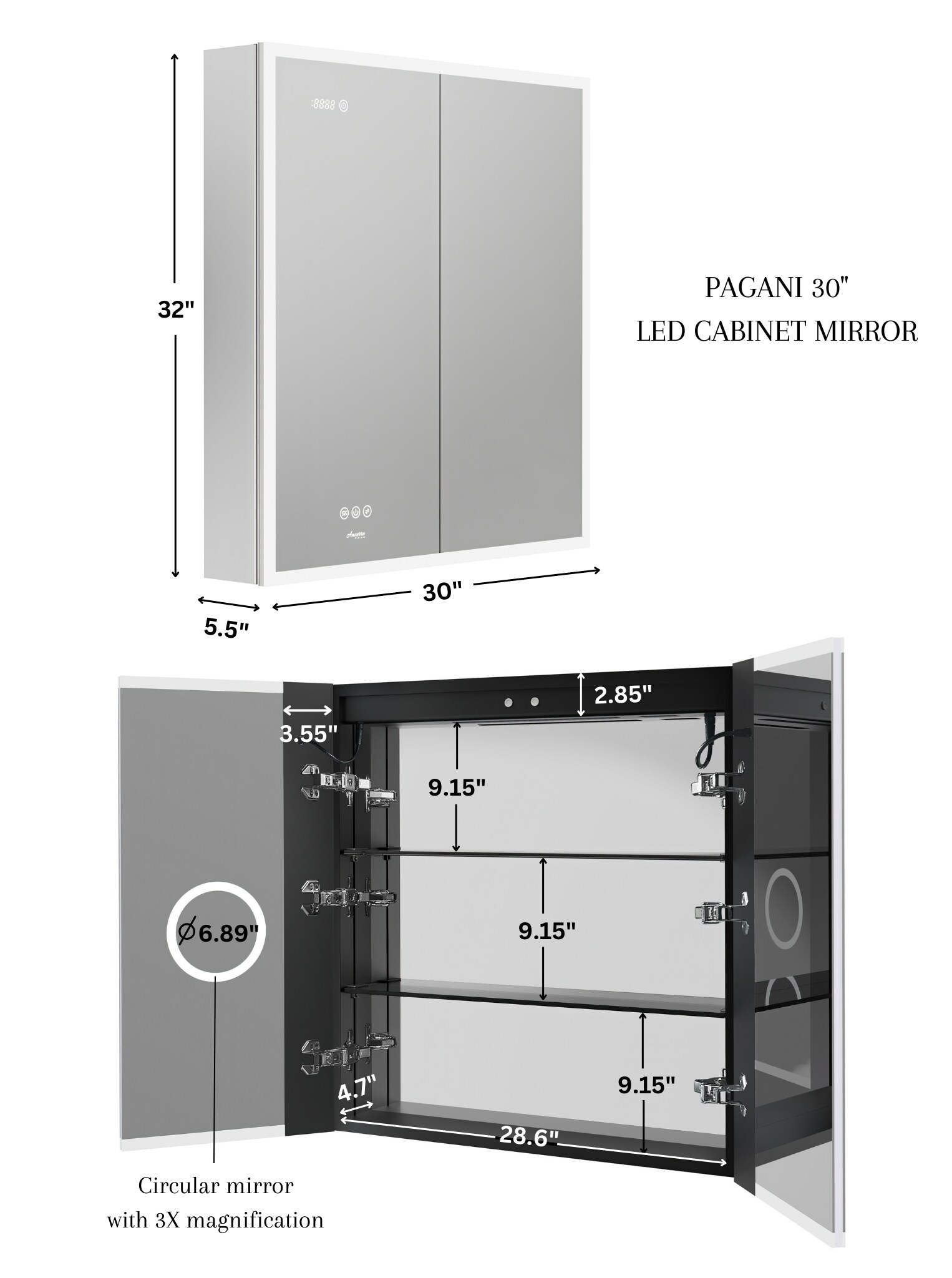 Ancerre Designs Pagani 30-in x 32-in Lighted LED Fog Free Surface/Recessed Mount Black Mirrored Soft Close Medicine Cabinet with Outlet