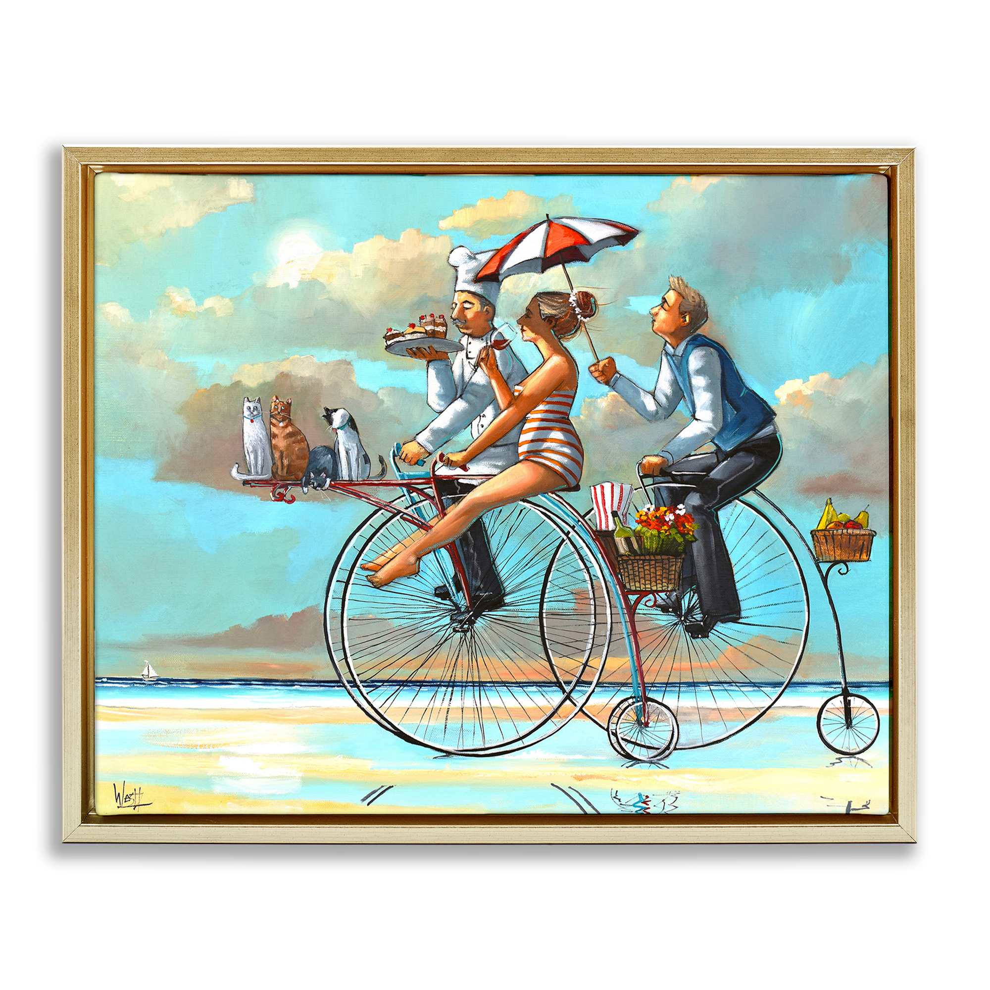 Stupell Industries BS-769-FFG-16X20 Woman and Butler Bicycle Ride Gold Framed Floater Canvas Wall Art By Ronald West 21 x 17