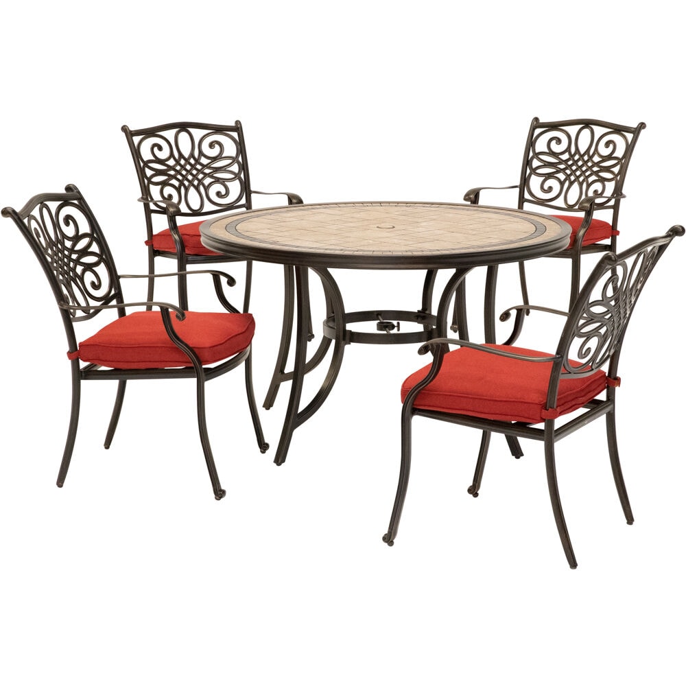 Hanover MONDN5PC-RED Monaco 5-Piece Oil Rubbed Bronze Patio Dining Set Aluminum Round Table with 4 Red Cushions Stationary Chairs