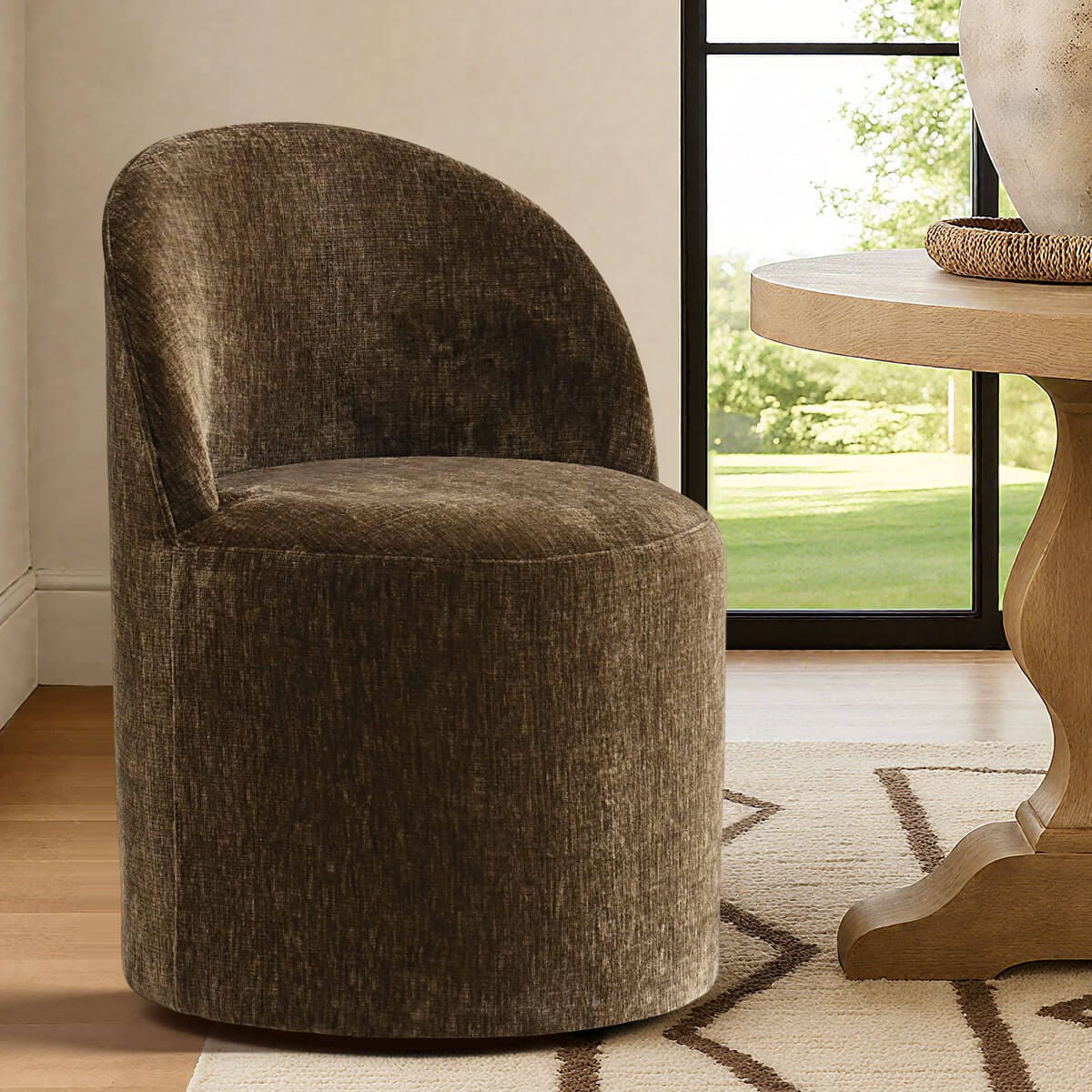 Maison Boucle DORIS-CHAIR-BROWN-1 Modern Brown Armless Barrel Dining Chair with Upholstered Seat Curved Back and Casters for Home