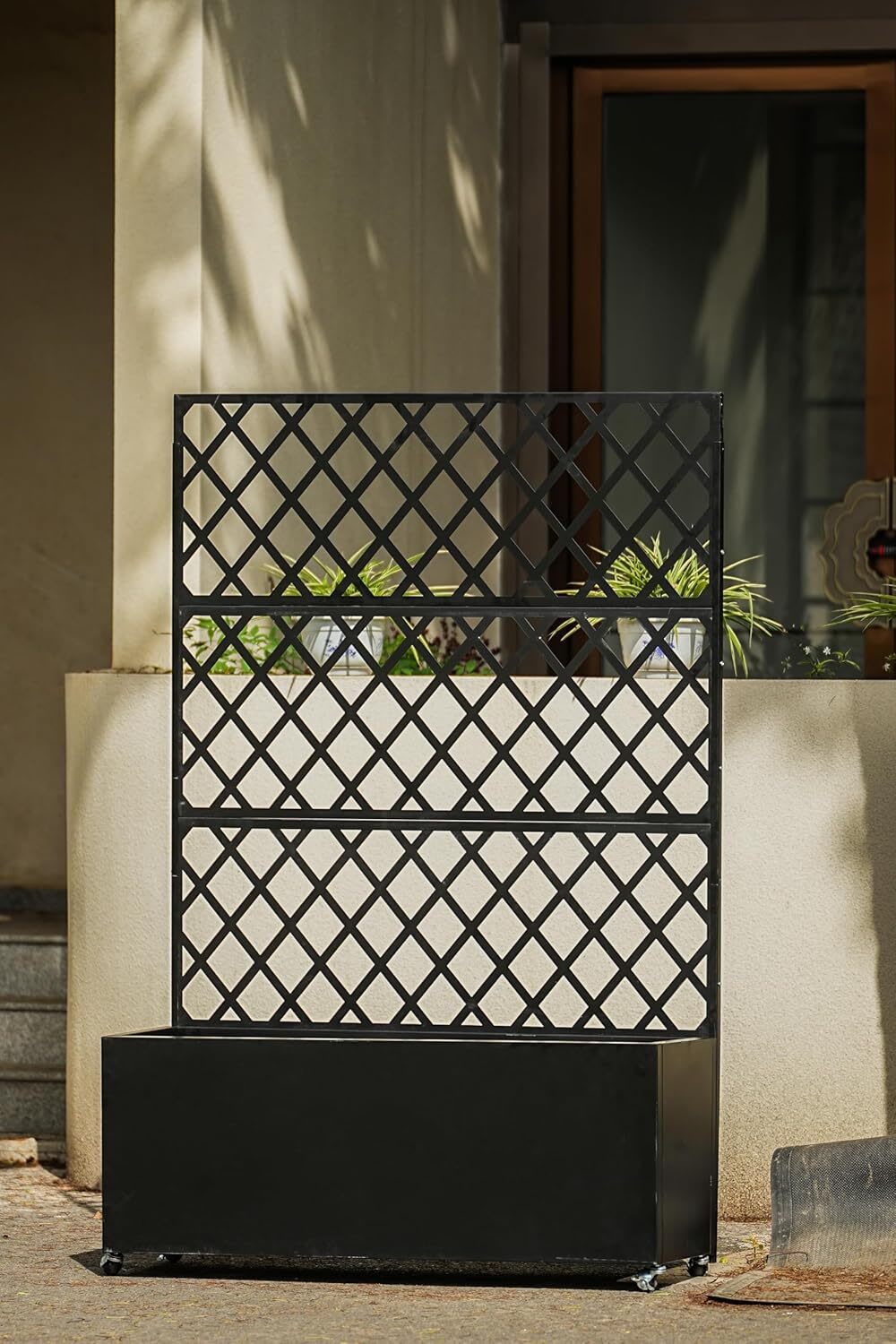 Qeetex GGL-PPG-33J8ALW3 71x46x16in Steel Raised Garden Bed with Trellis Privacy Screen - Planter Box with Lockable Casters Drainage Holes for Vines Vegetables On Patio Deck or Yard Black