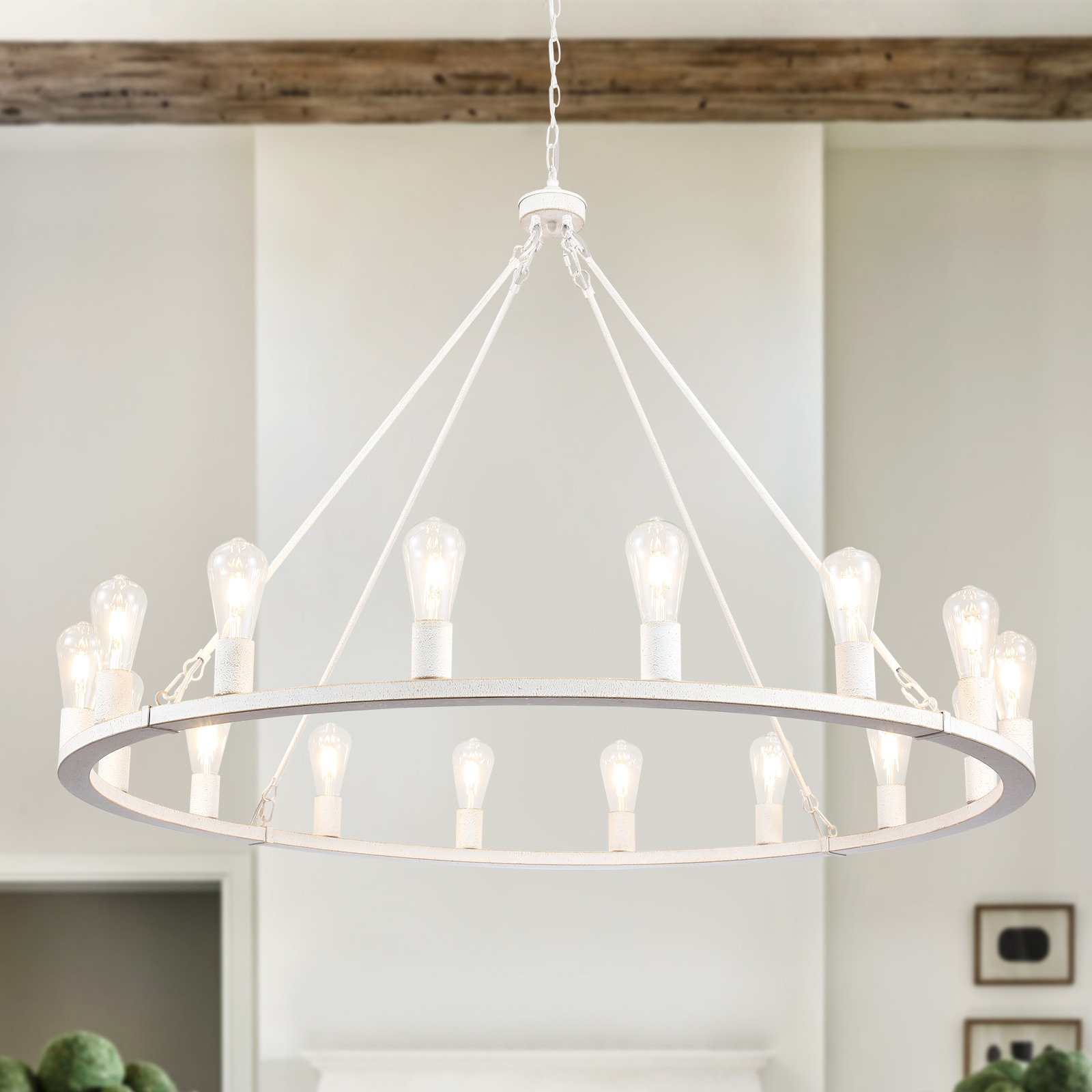 ZemSum 16 -Light Distressed White Metal Wagon Wheel Chandelier