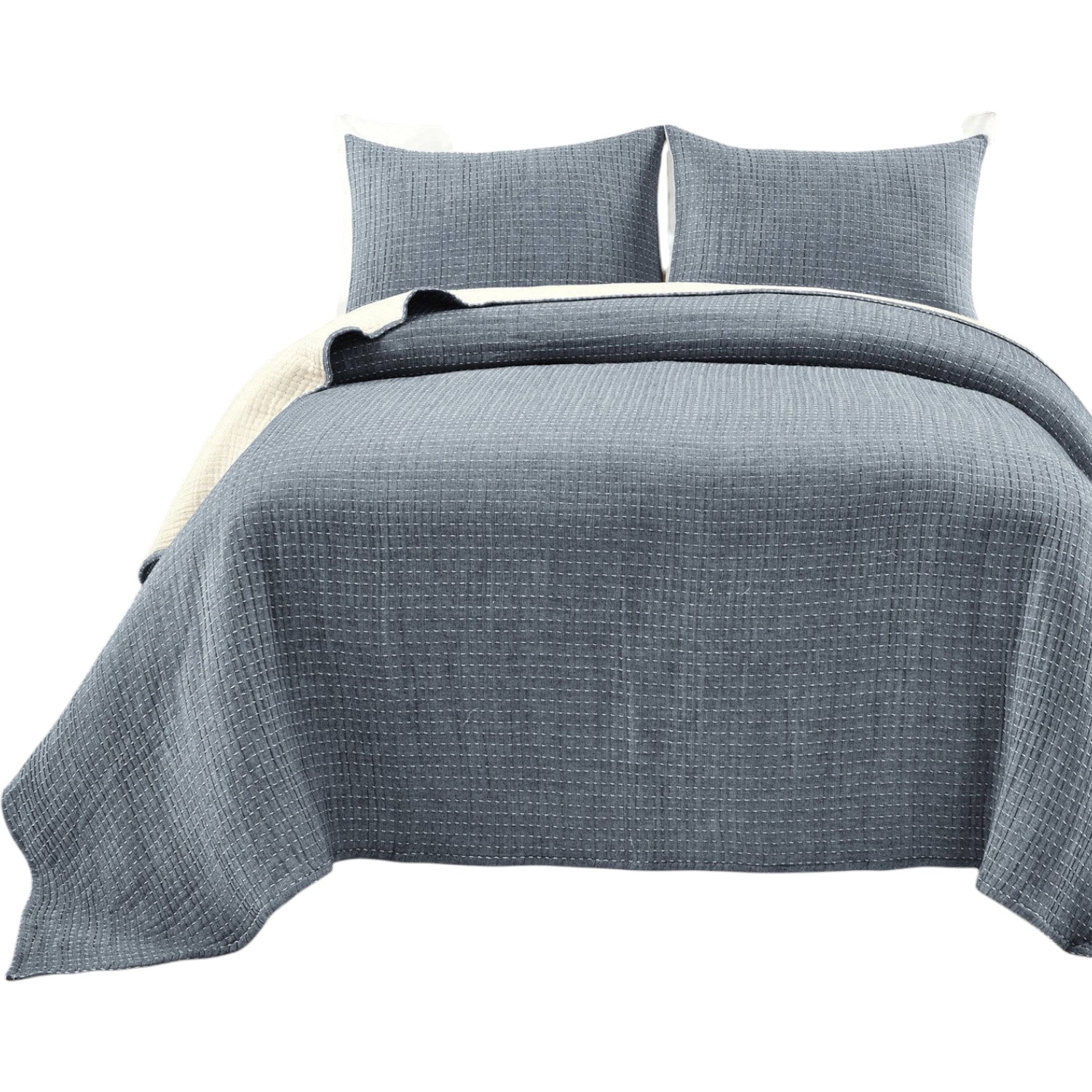 Slickblue 3-Piece Navy Cream King/ Full Queen Quilt Set Reversible Woven Cotton Lightweight with 2 Shams For Bedroom