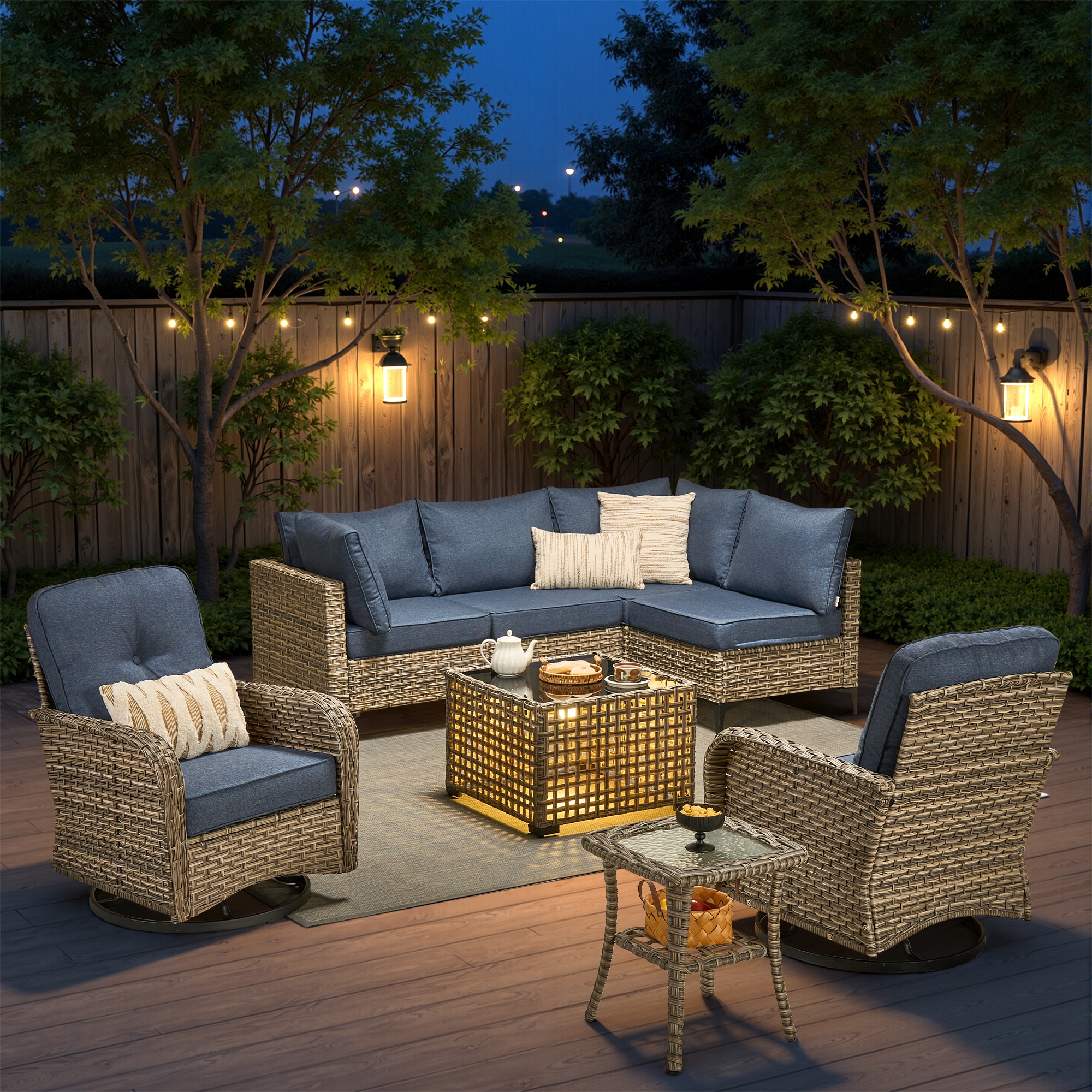 weaxty DSCRRSYZVNC508 Lotus Wicker Outdoor Sectional with Blue Cushions and Steel Frame