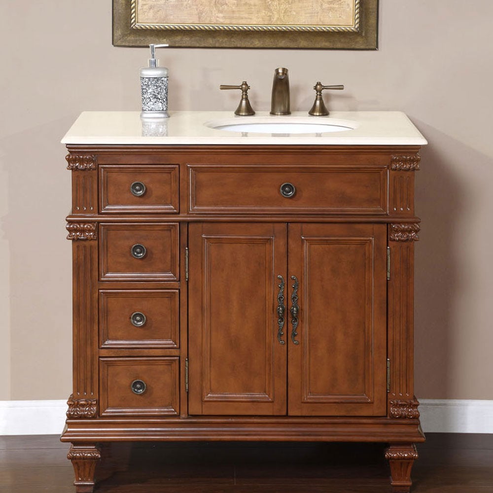 Silkroad Exclusive HYP-0210-CM-UWC-36-R 36-in Vermont Maple Undermount Single sink Bathroom Vanity with Crema Marfil Natural marble Top