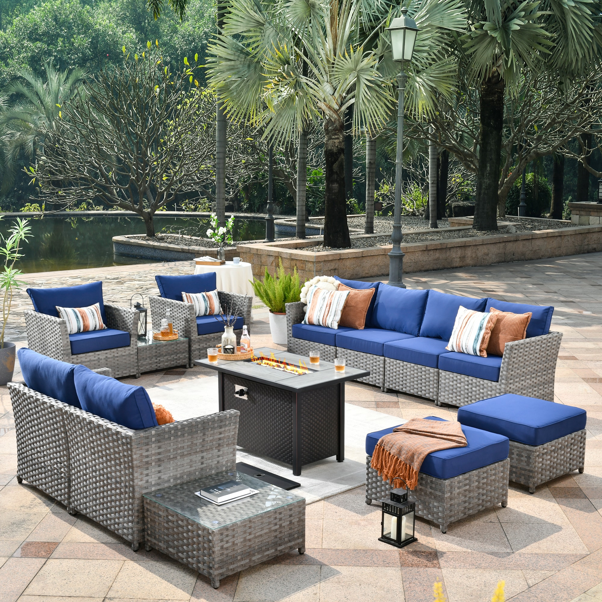 Pouuin SRSA110 Wicker Outdoor Sectional with Navy Cushions and Wicker Frame