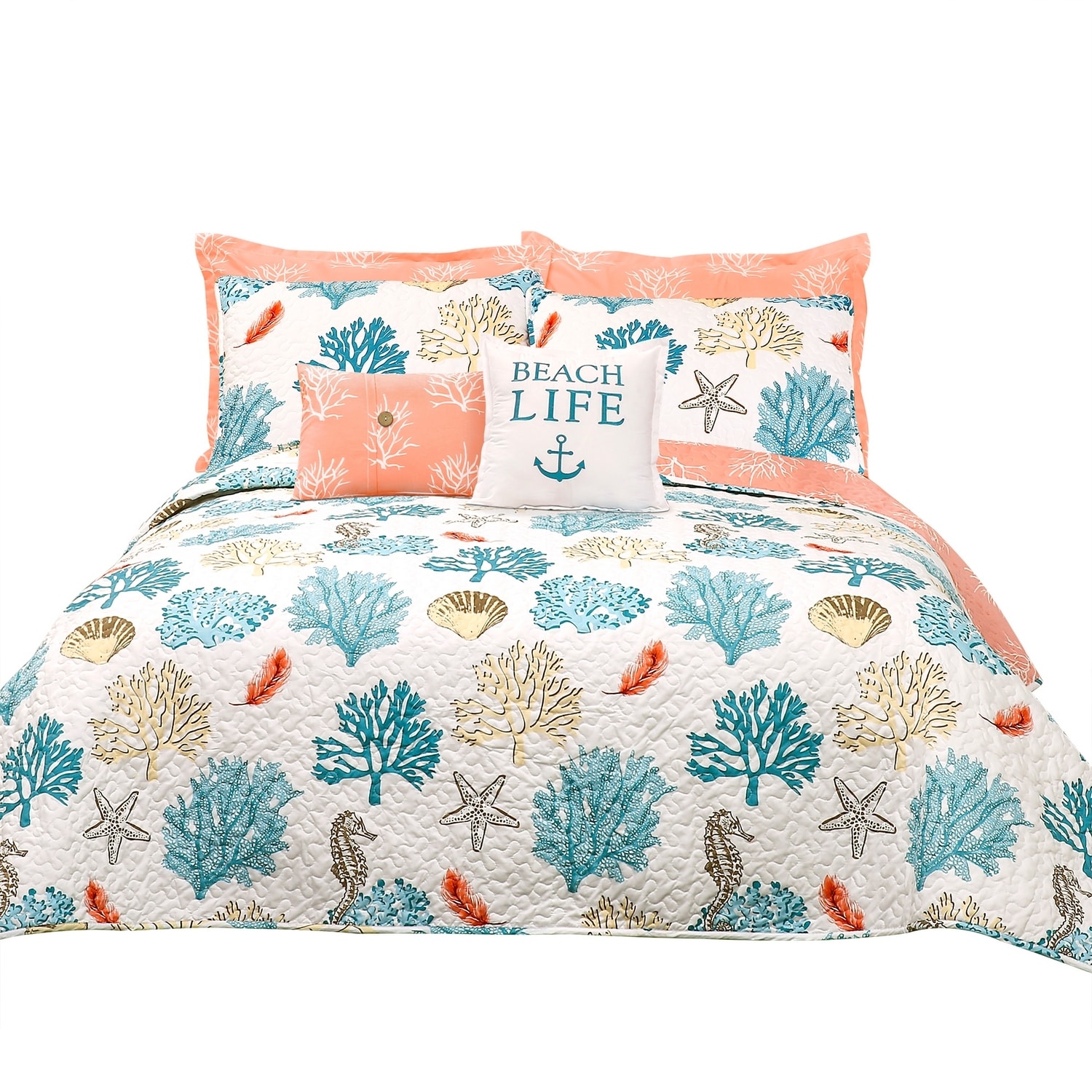 Coastal Reef White and Coral Microfiber Full Quilt Set